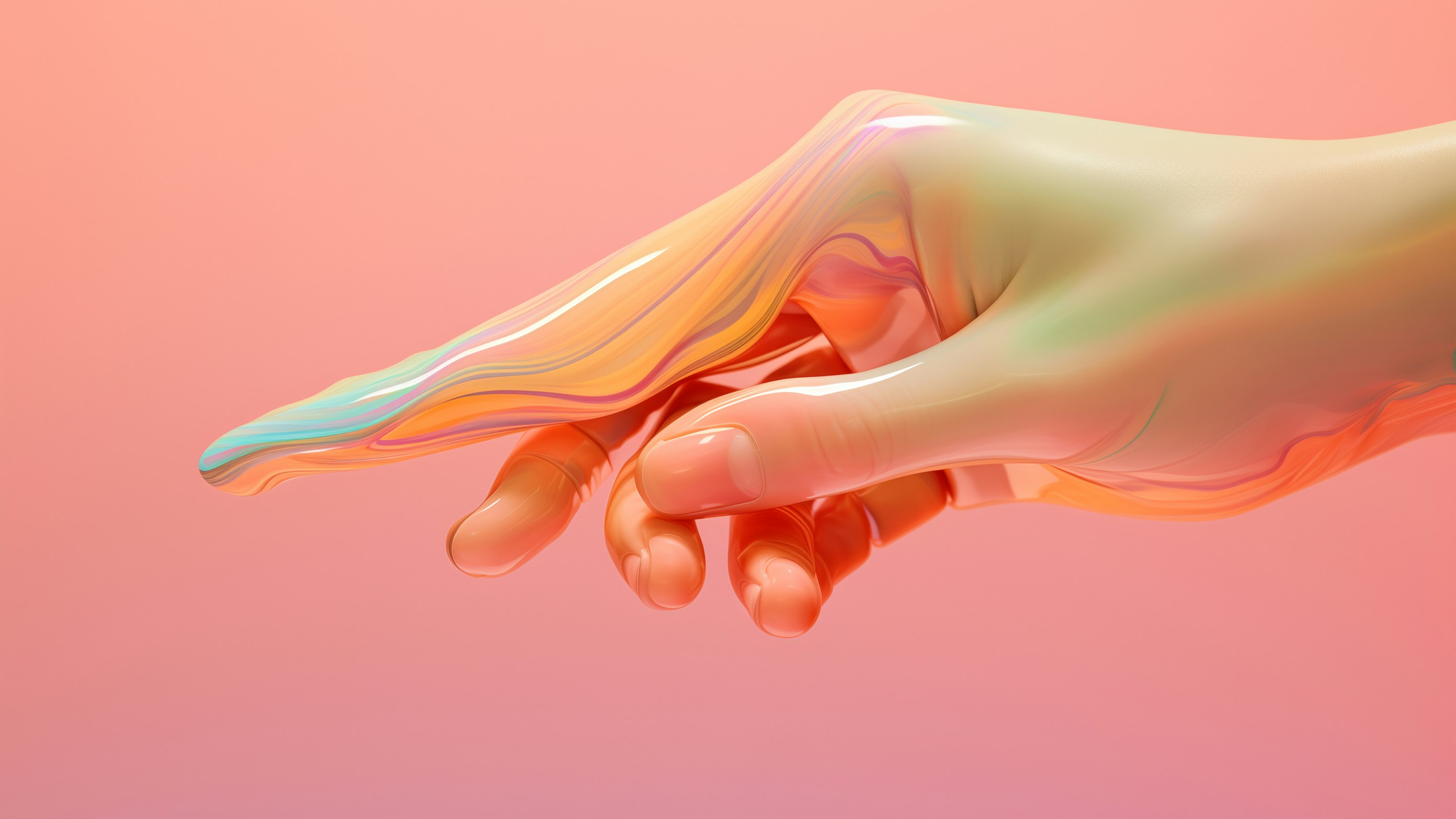 Render 3D generato con AI di una mano umanoide che si dissolve in un velo astratto semitrasparente e lucido dai toni rosa-verde