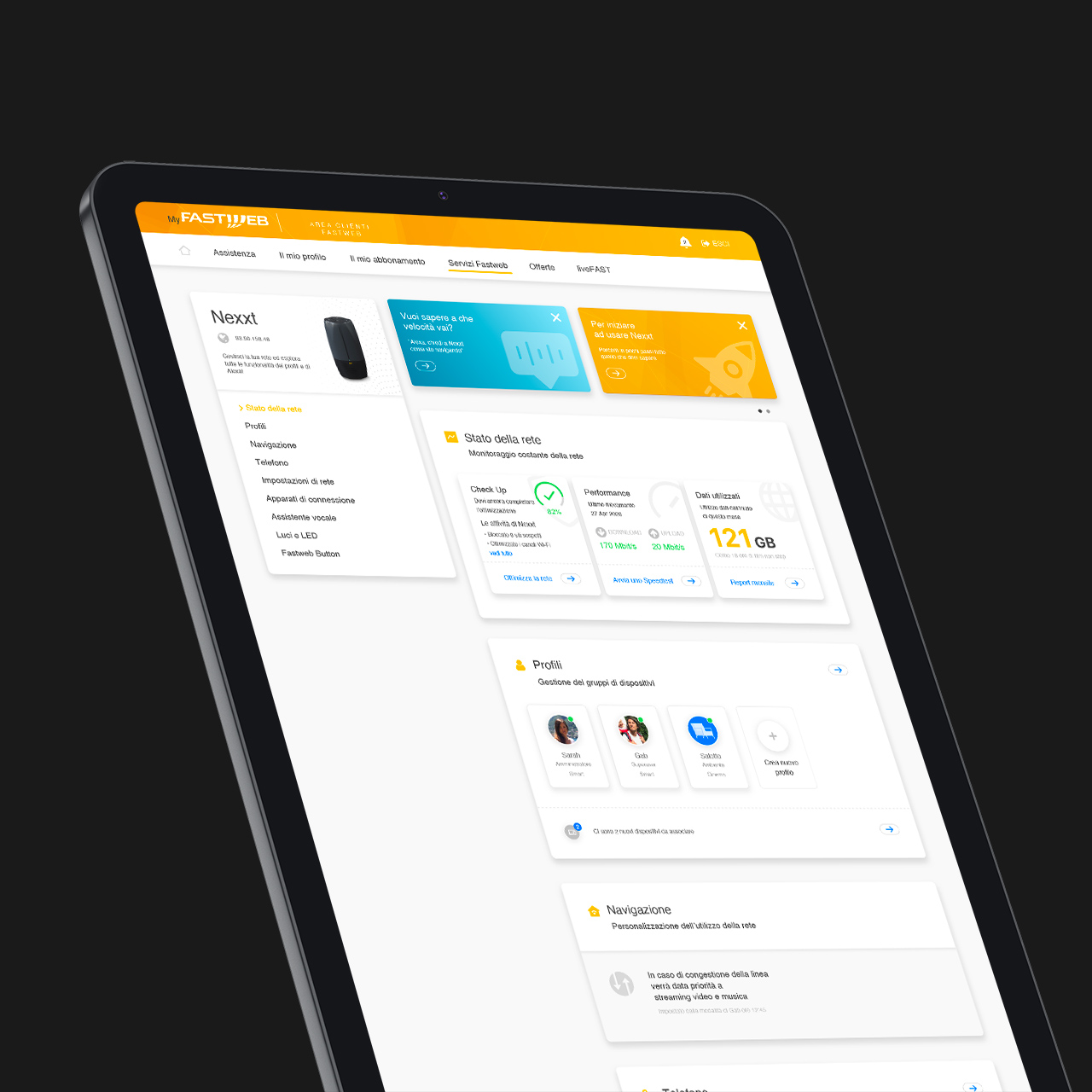 Tablet display of Fastweb service interface and network management