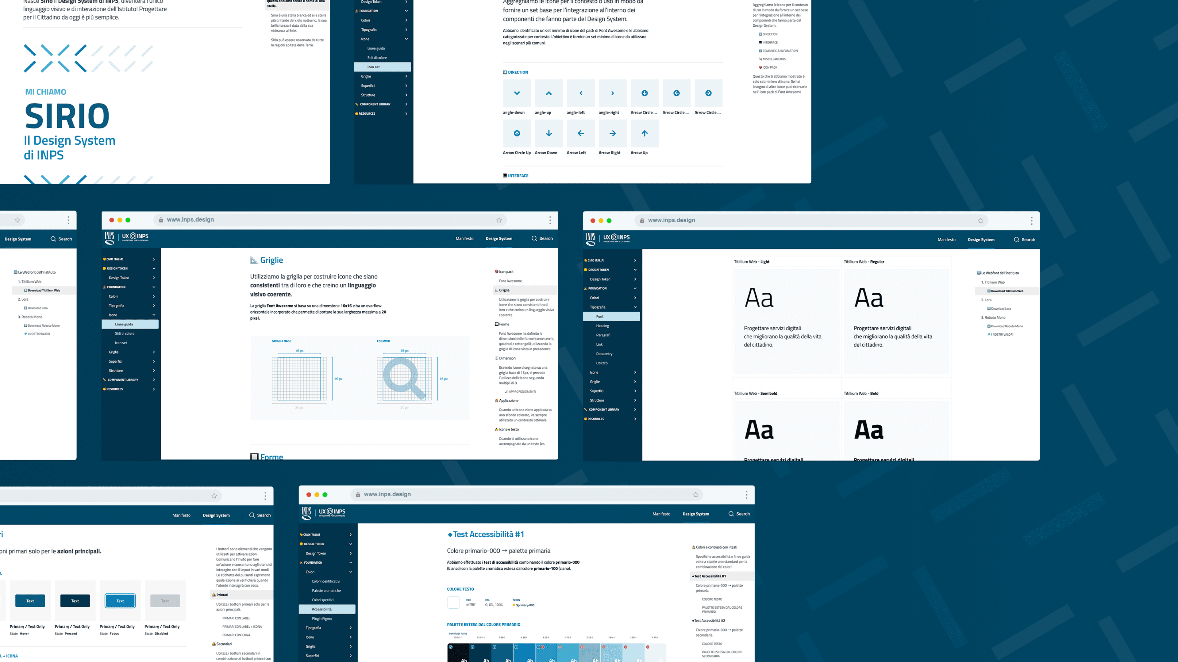Graphical views of several web pages of Sirio the Design System of INPS
