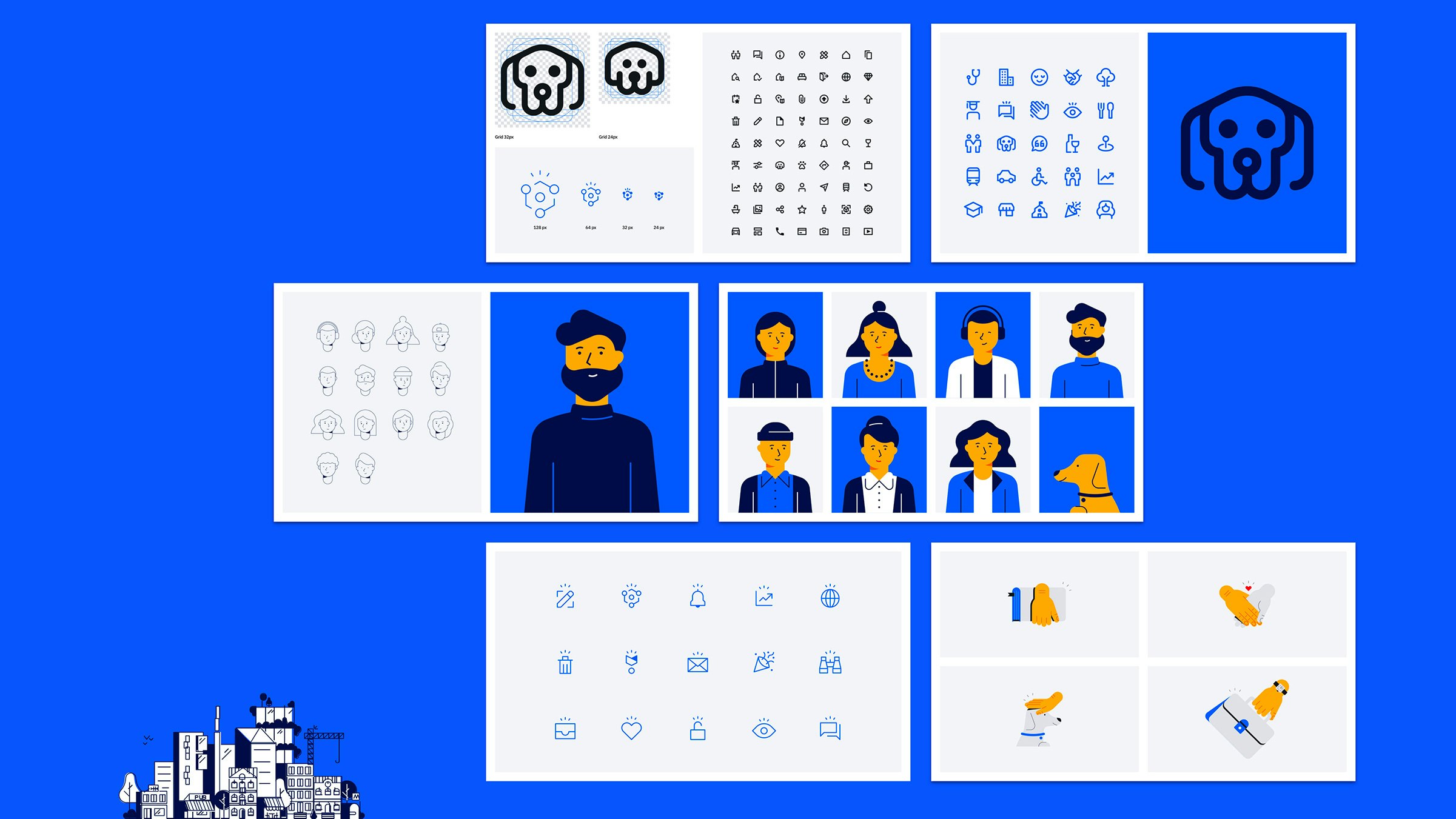 Set of specially designed illustrations and icons to make the visual identity unique and consistent