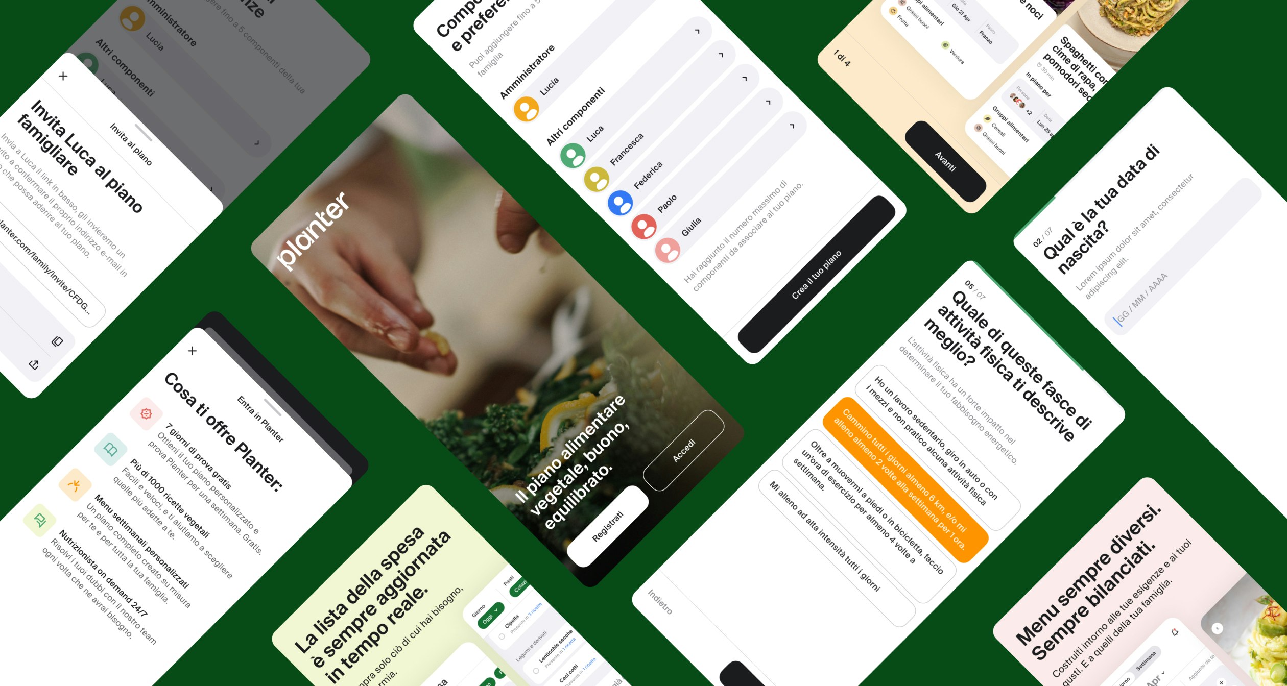 Sketchin Services, Digital product and service design - Screens of the Planter app showcasing meal plans, shopping list, and user profile on a green background.