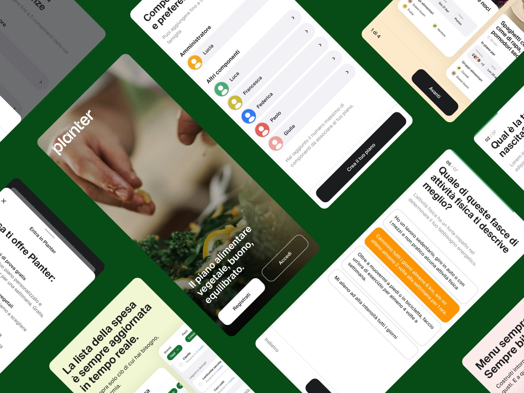 Sketchin Services, Digital product and service design - Screens of the Planter app showcasing meal plans, shopping list, and user profile on a green background.