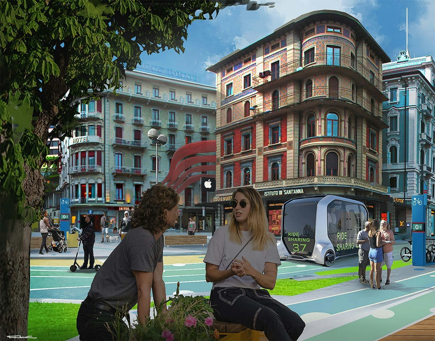 Scenario del centro storico di Lugano con trasporto pubblico elettrico, automatico e on-demand