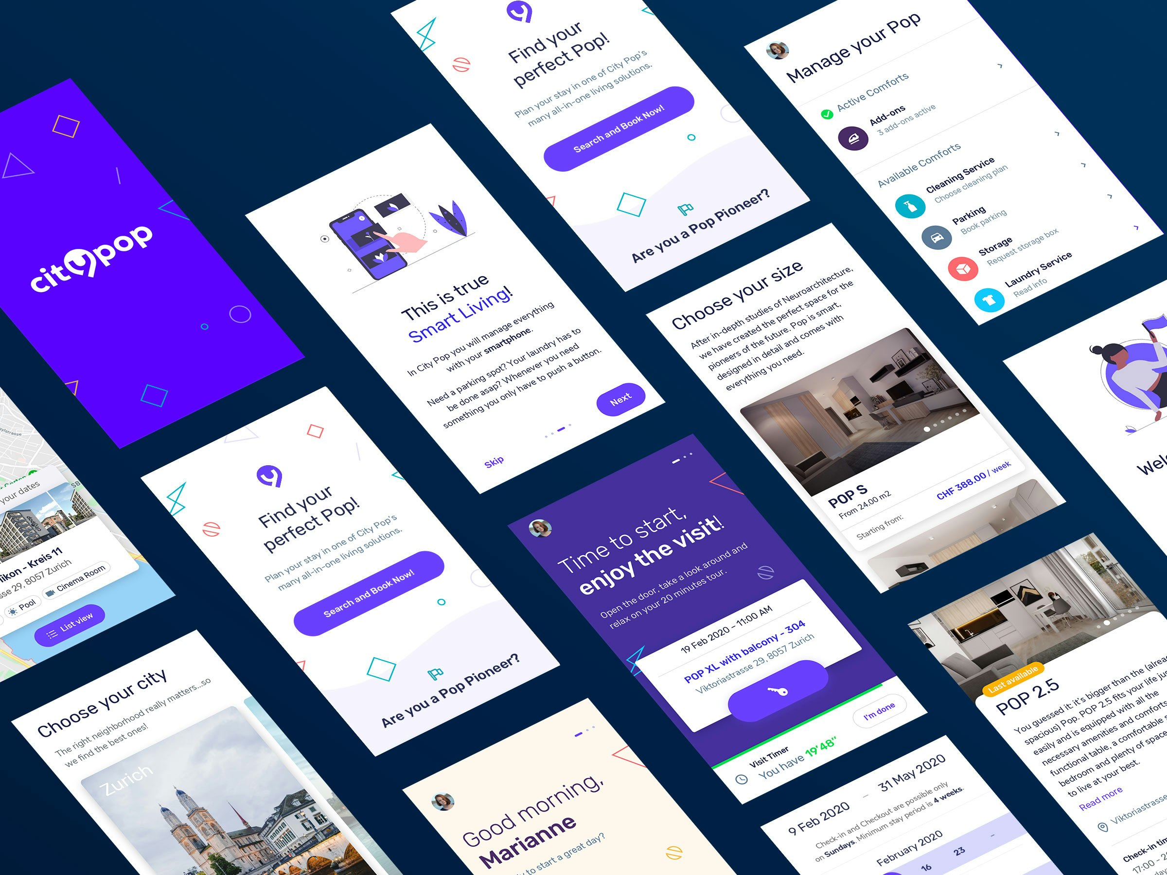 Overview main mobile interfaces of the City Pop app