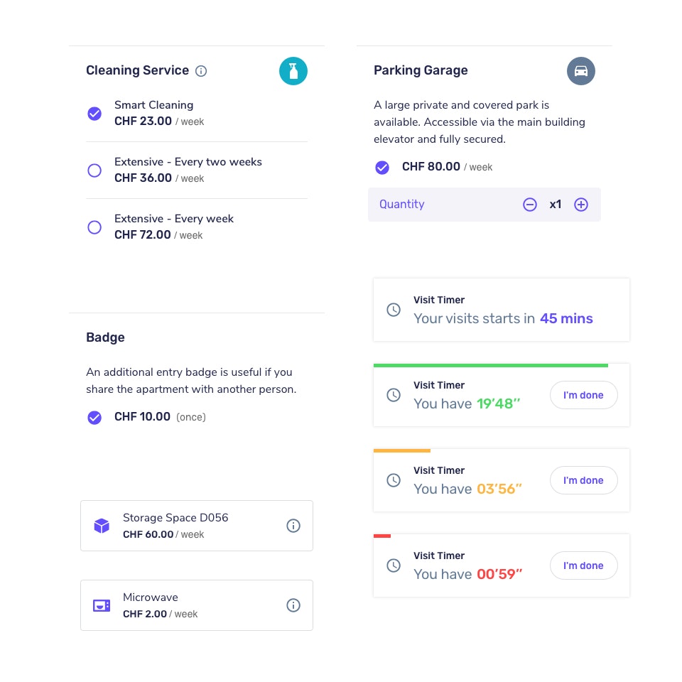 Visual declination interface components of all services and amenities within the app