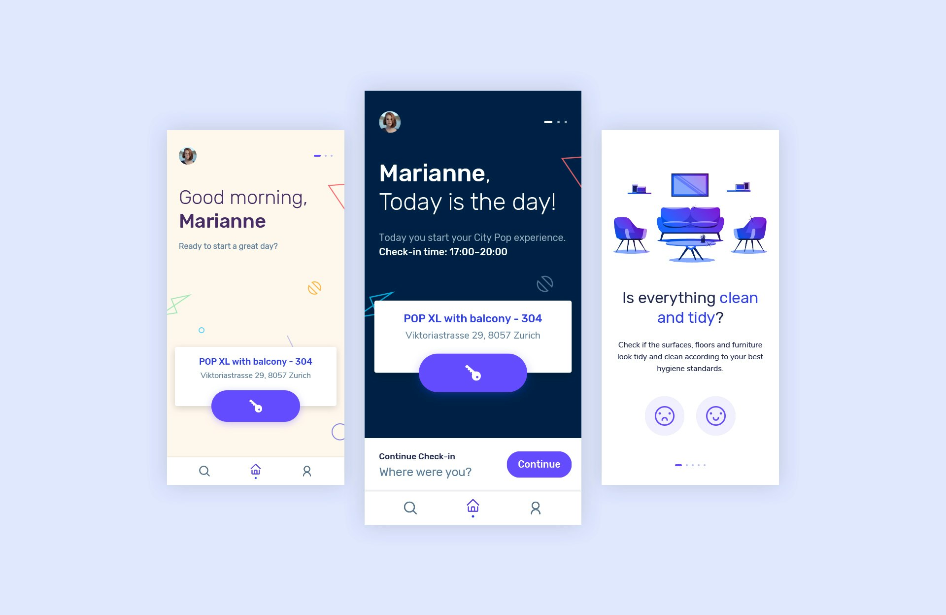Step-by-step representation of the booking and self-check process