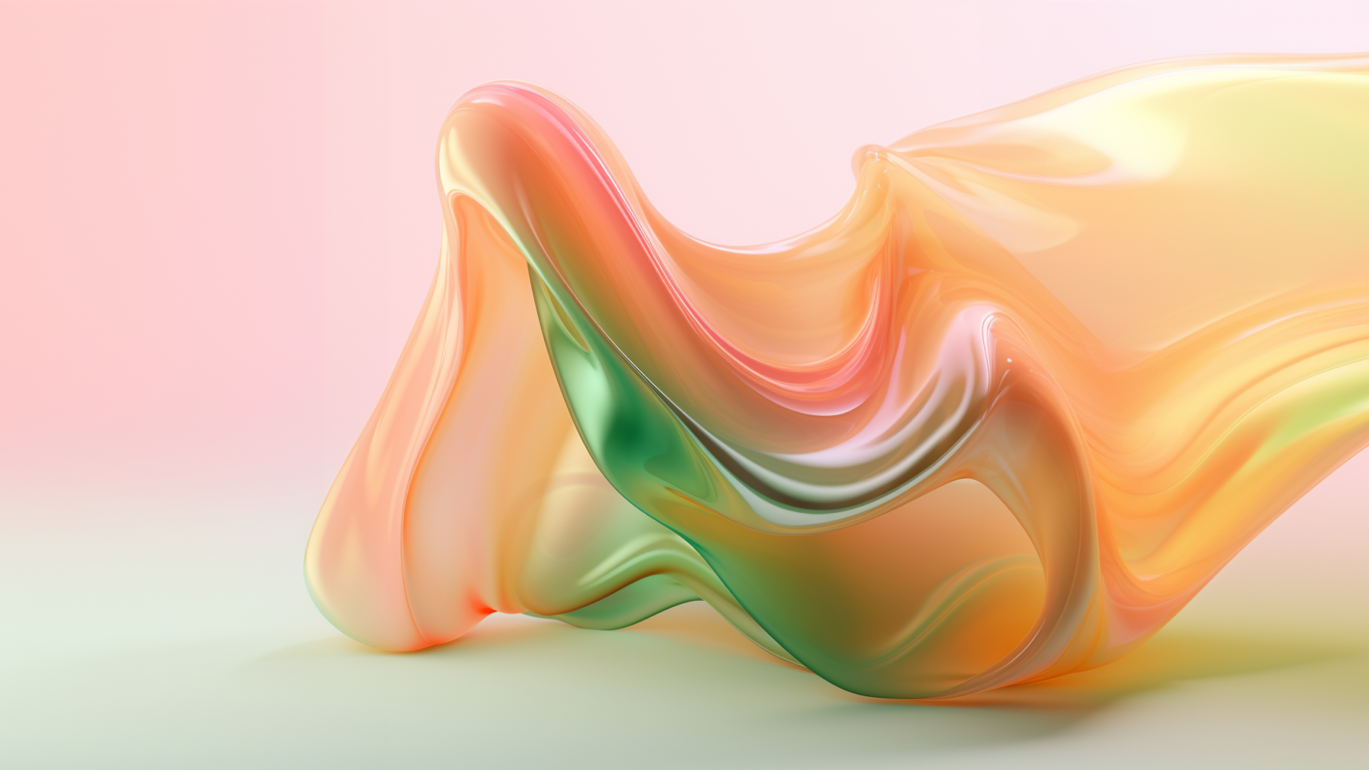 AI-generated 3D render of an abstract semitransparent shiny veil floating over a plane in shades of pink and orange and green