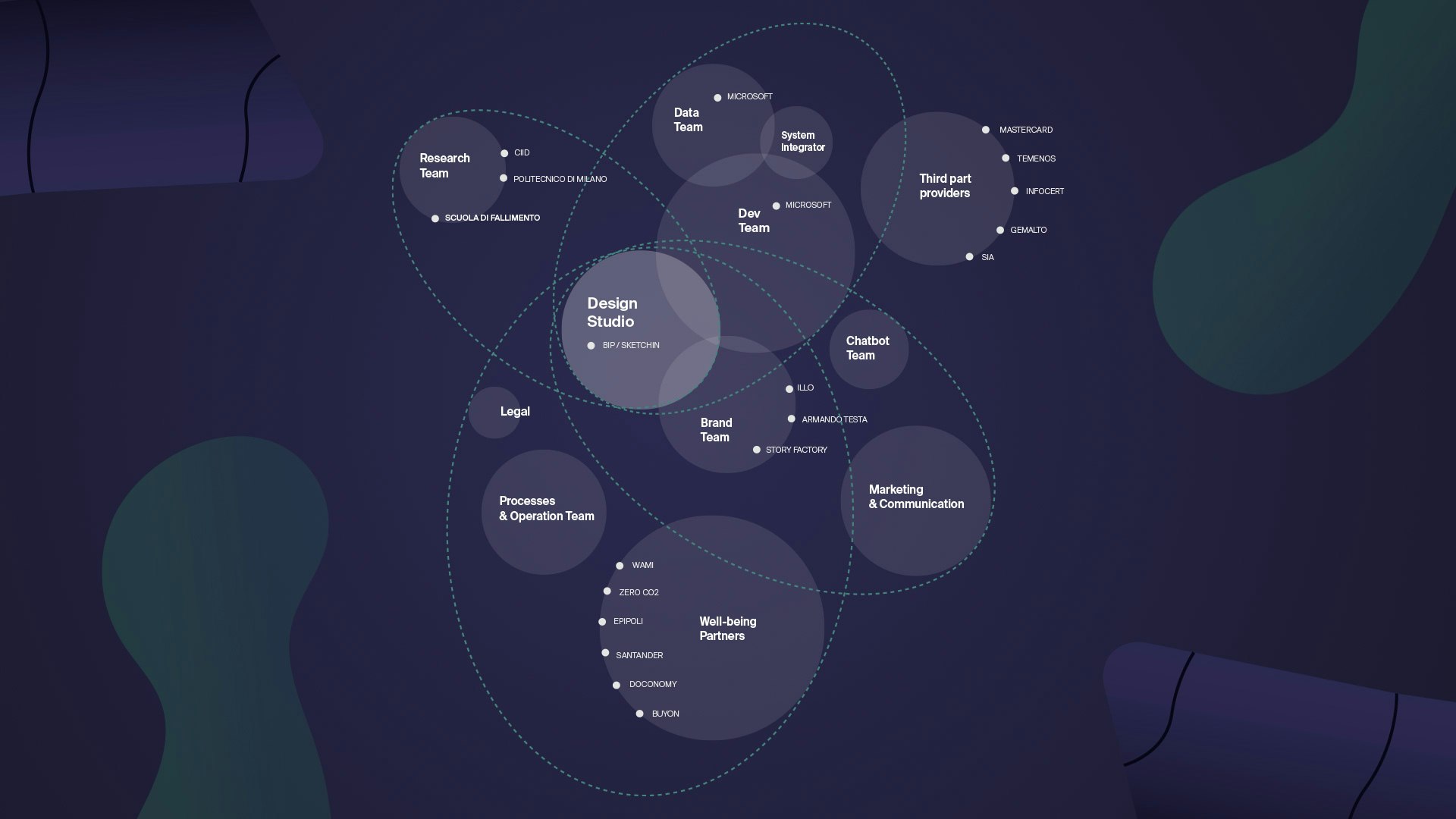Rappresentazione grafica dell'ecosistema Flowe con partner e fornitori esterni 