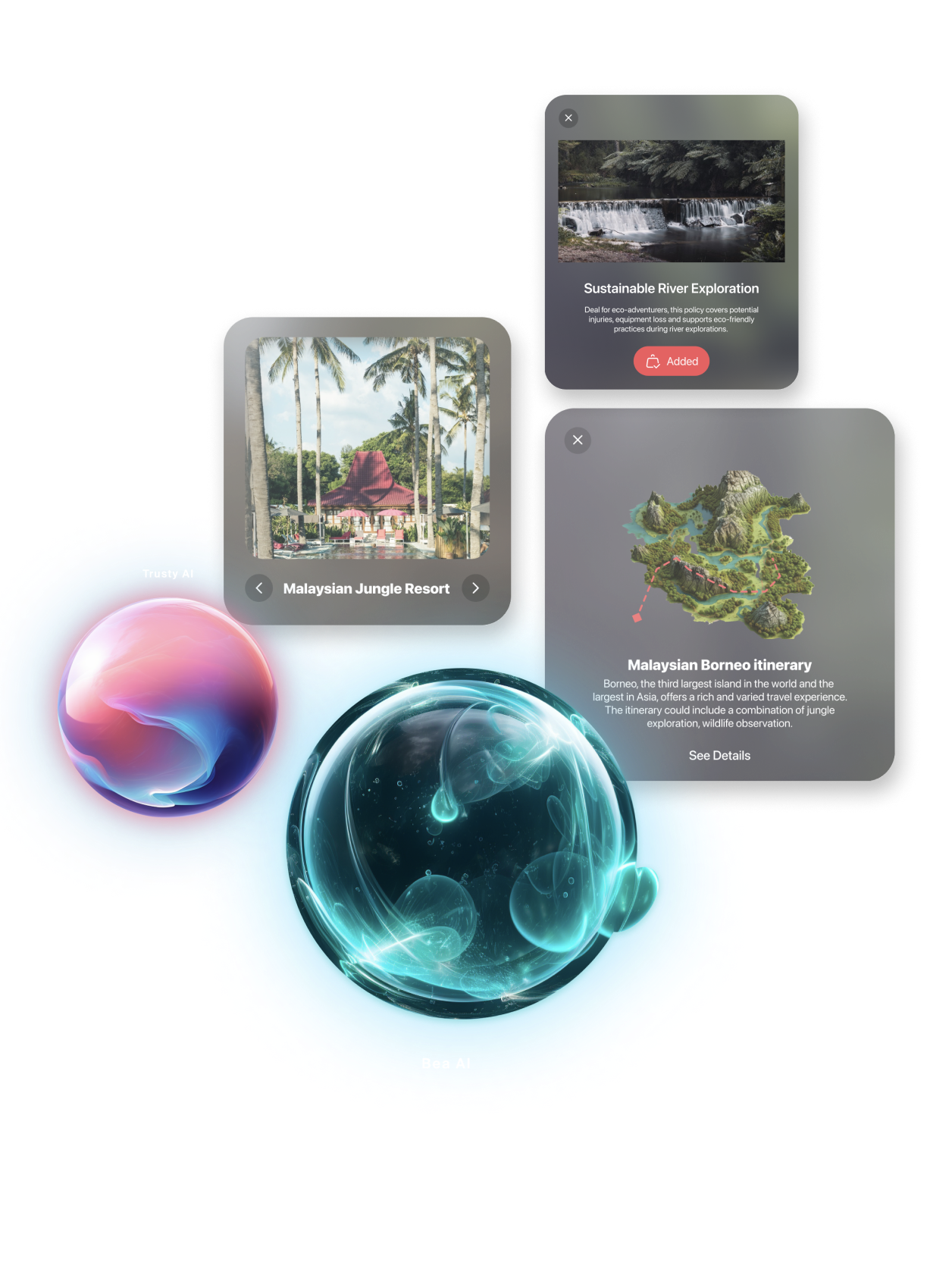 Futuristic travel interface with options for Malaysian Jungle Resort, Sustainable River Exploration, and Malaysian Borneo Itinerary, accompanied by glowing AI orbs