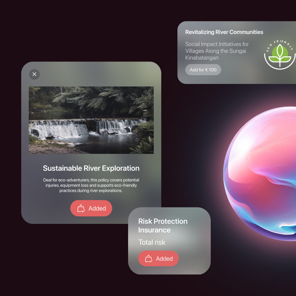 Futuristic travel interface with options for Sustainable River Exploration and Risk Protection Insurance, along with social impact initiatives