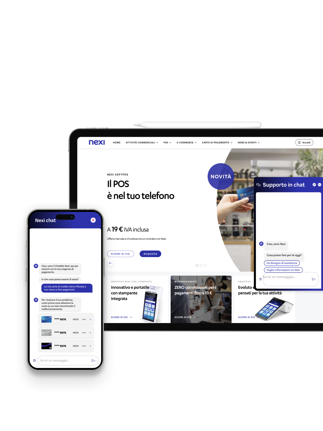 Nexi Chatbot interface on tablet and smartphone.
