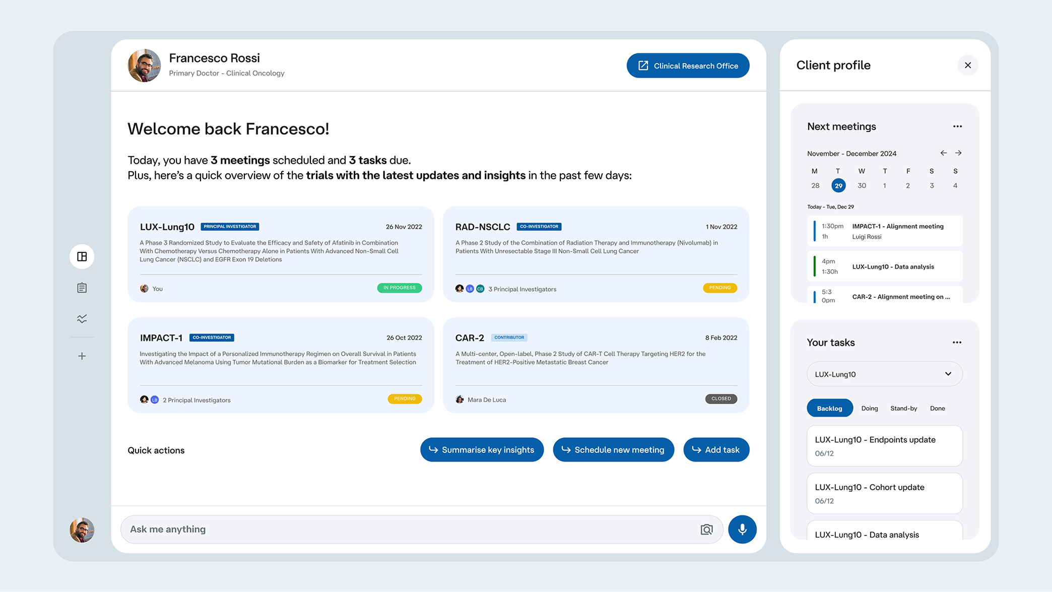 Screen showing a dashboard related to clinical trials.