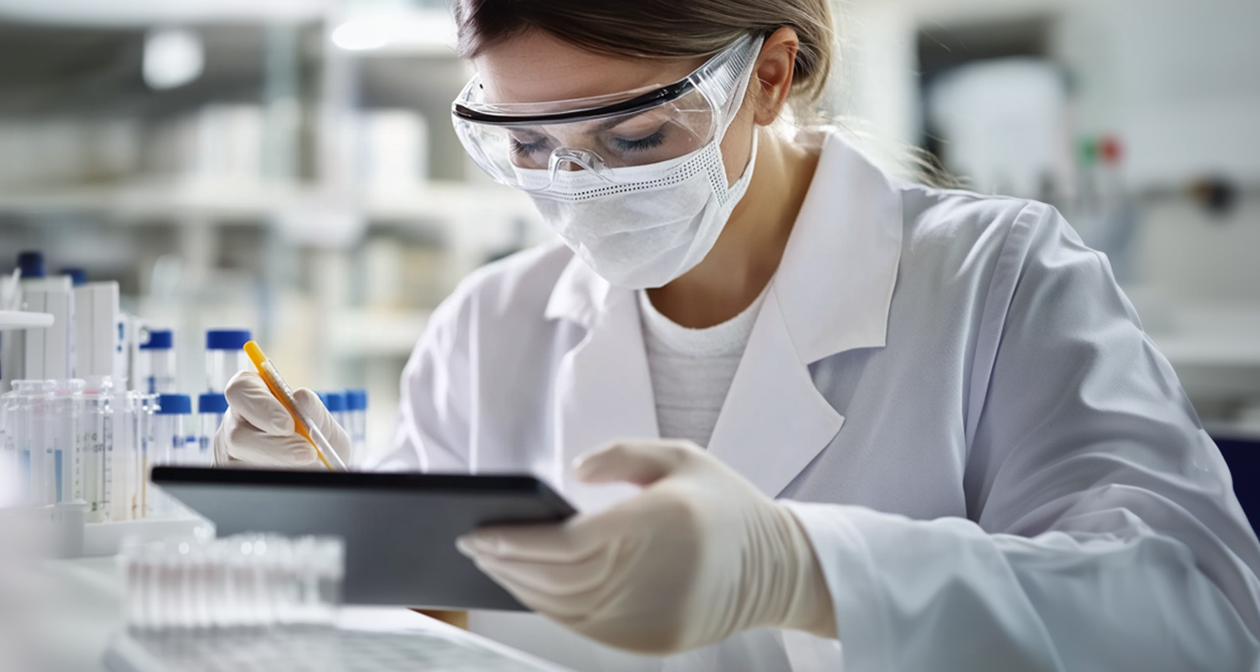 Fotografia di una ricercatrice dotata di dispositivi di protezione individuale al lavoro in laboratorio.