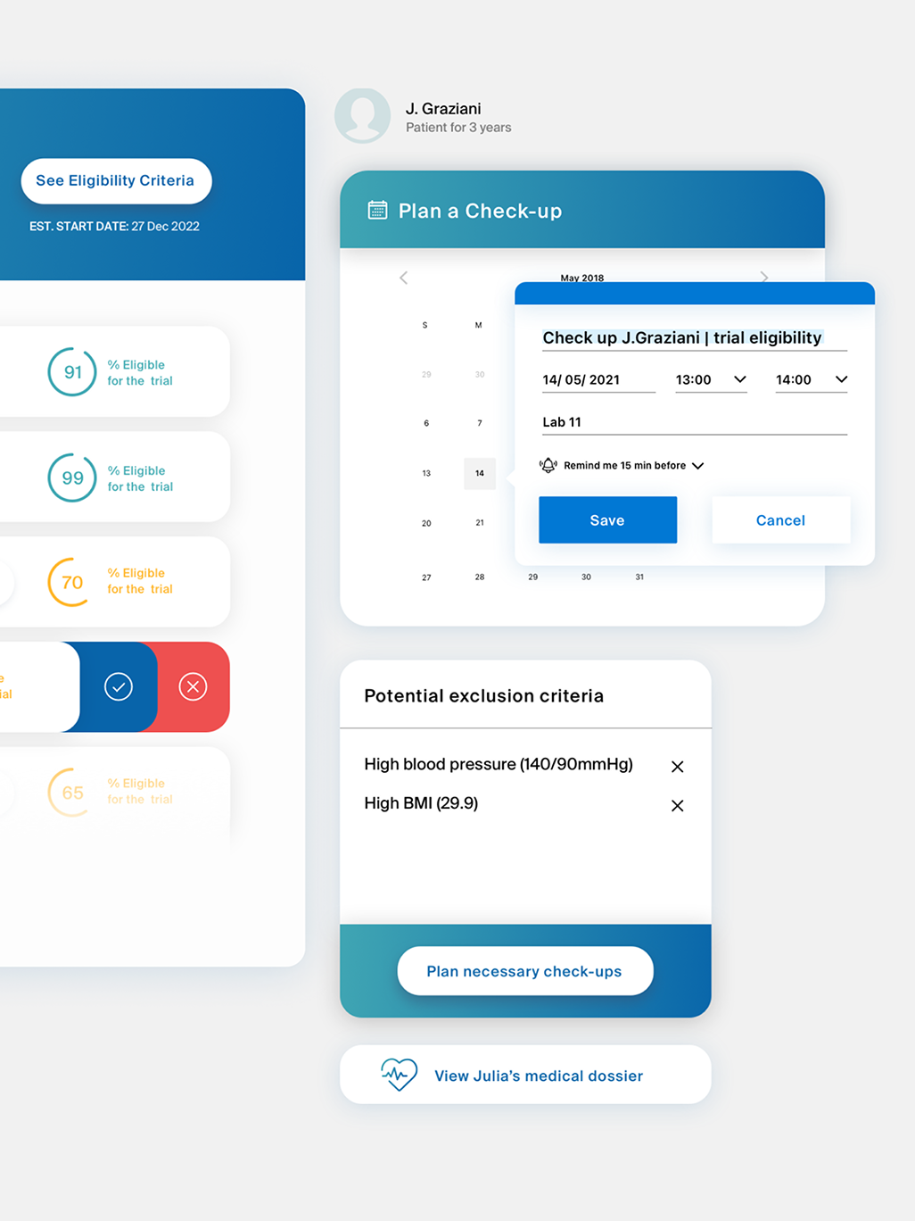 Schermata che mostra processo di programmazione di un appuntamento con un candidato per un trial.
