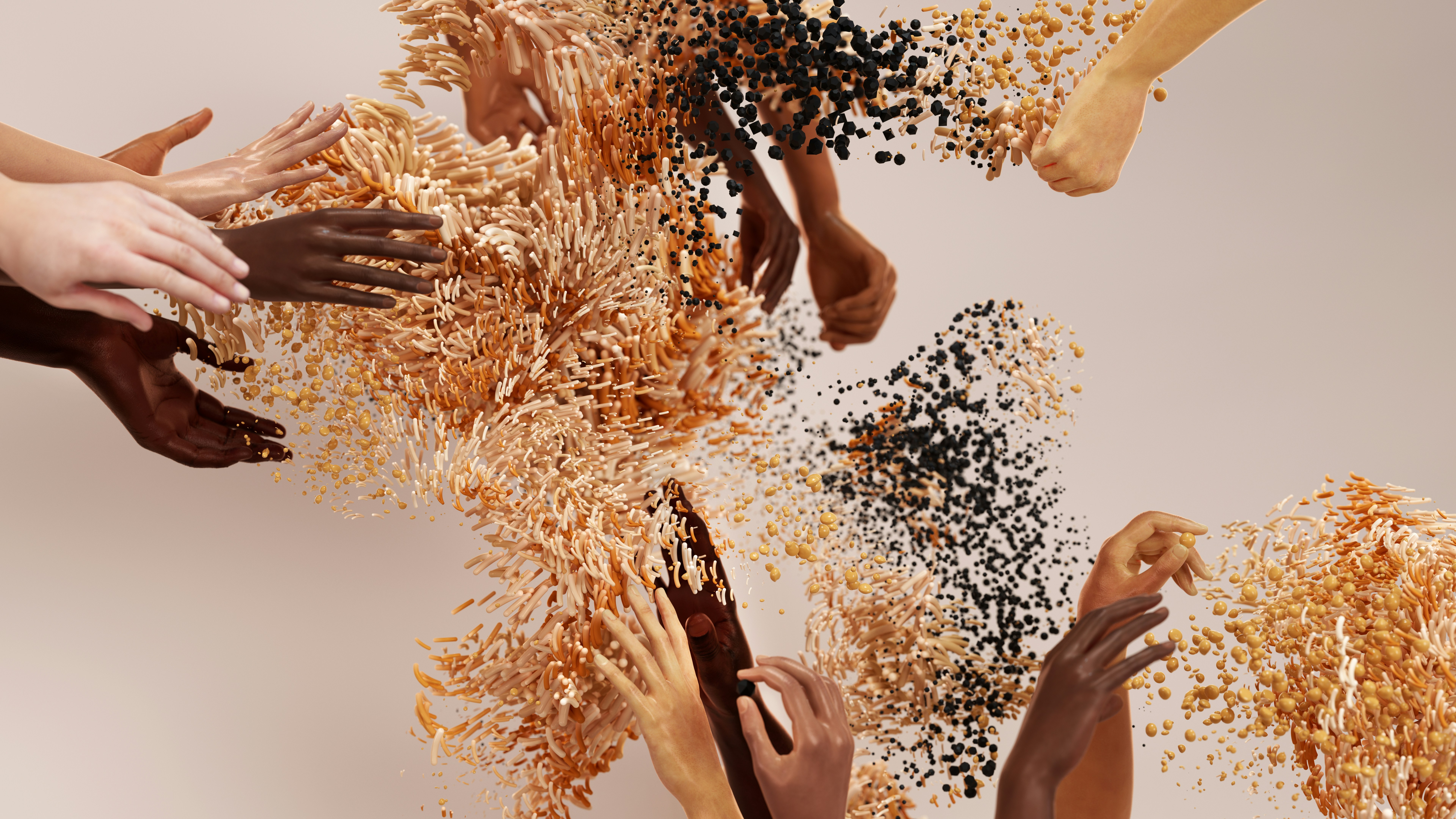 Human hands blending into abstract shapes and particles, evoking connection, transformation, and diversity.