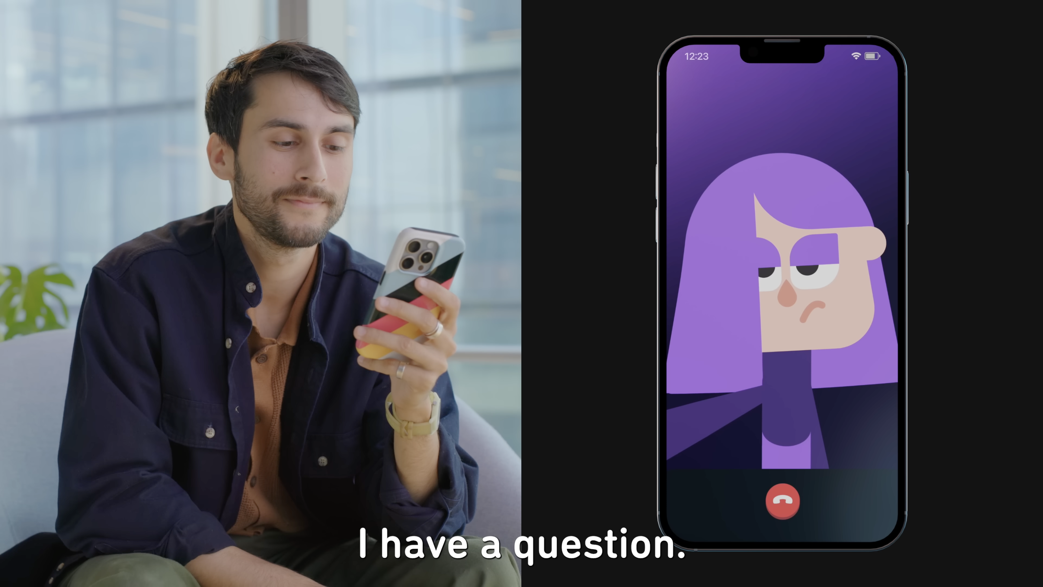 A person interacts with the Duolingo app using voice commands.