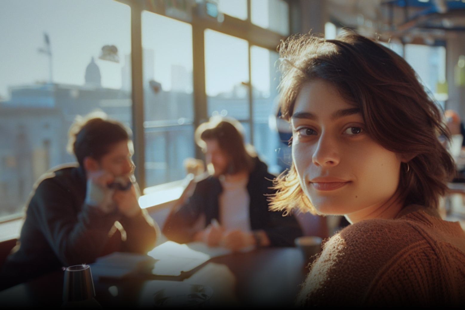 A young designer sit on a table with colleagues in the background