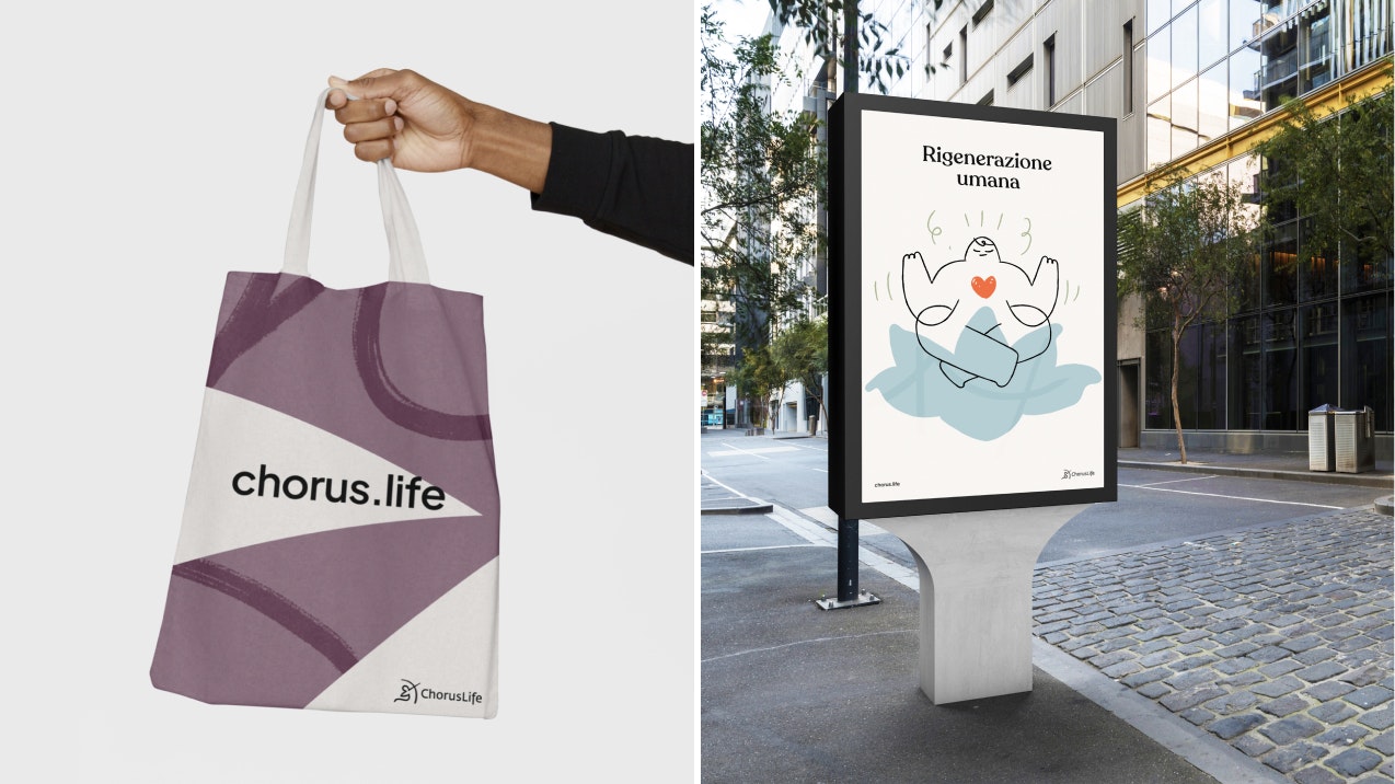 Composition with a canvas bag with the logo "chorus.life", and a billboard with an illustration of a stylised person and the text "Human Regeneration"