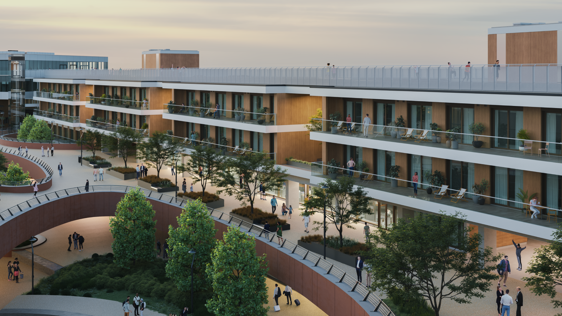 Modern building with spacious balconies surrounded by trees, with people walking on curved pathways below and around the structure