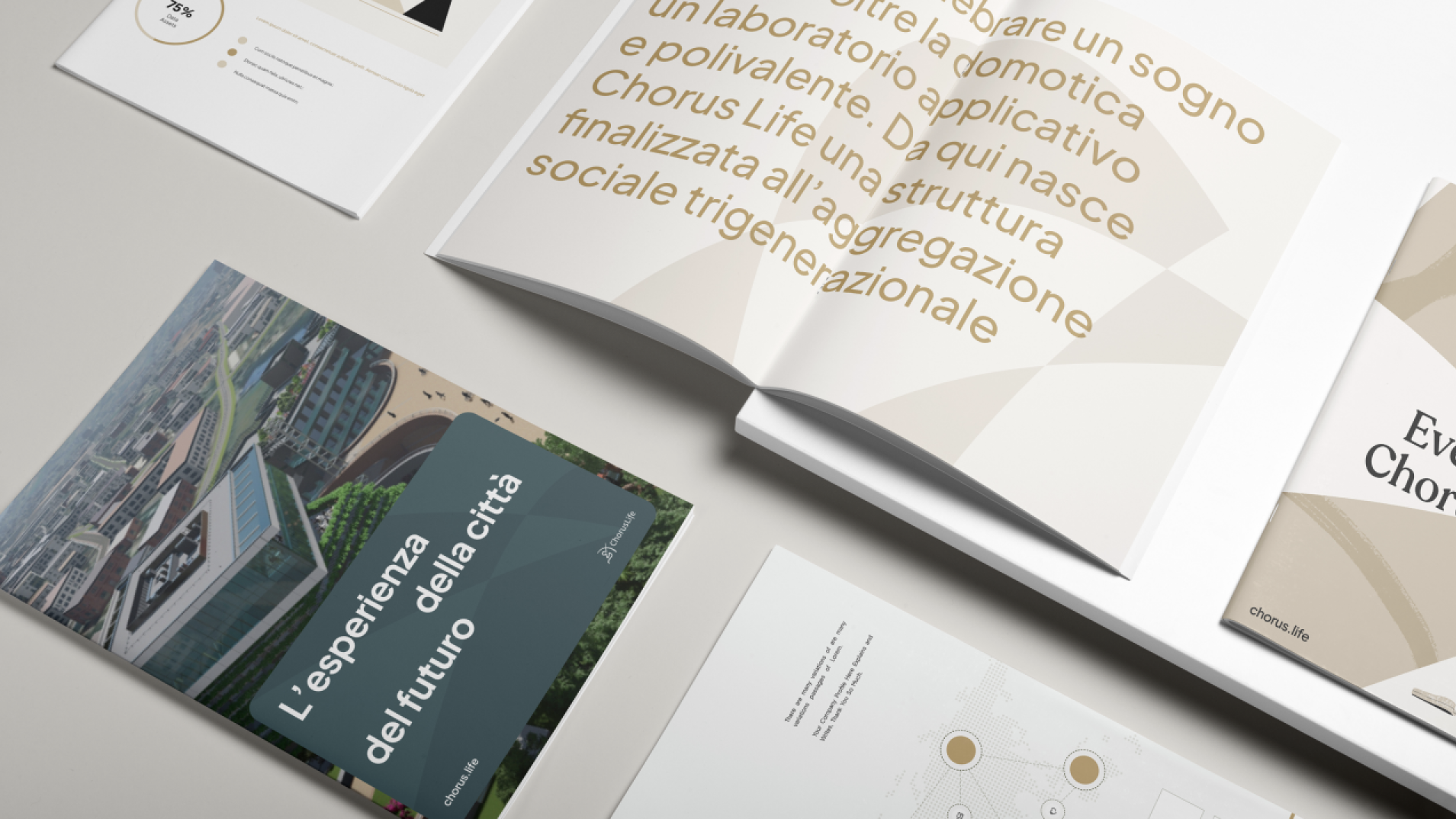 Vari opuscoli e libretti aperti con il marchio ChorusLife, tra cui uno intitolato "L'esperienza della città del futuro"