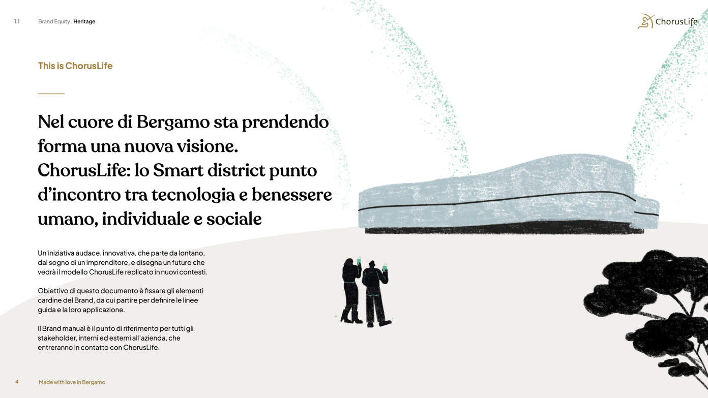 ChorusLife presentation with text about a new vision in Bergamo, alongside an abstract illustration of buildings and people