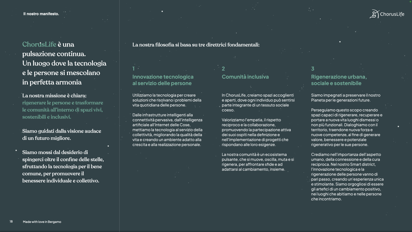 ChorusLife manifesto describing the mission to regenerate people and communities with technology, inclusiveness and urban sustainability.