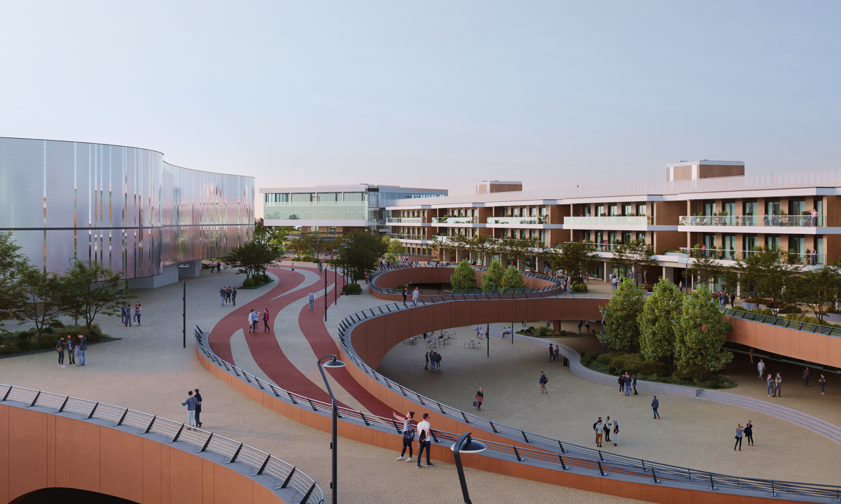 Modern urban space with curved pathways, greenery, and a large building with balconies, where people are walking and socializing
