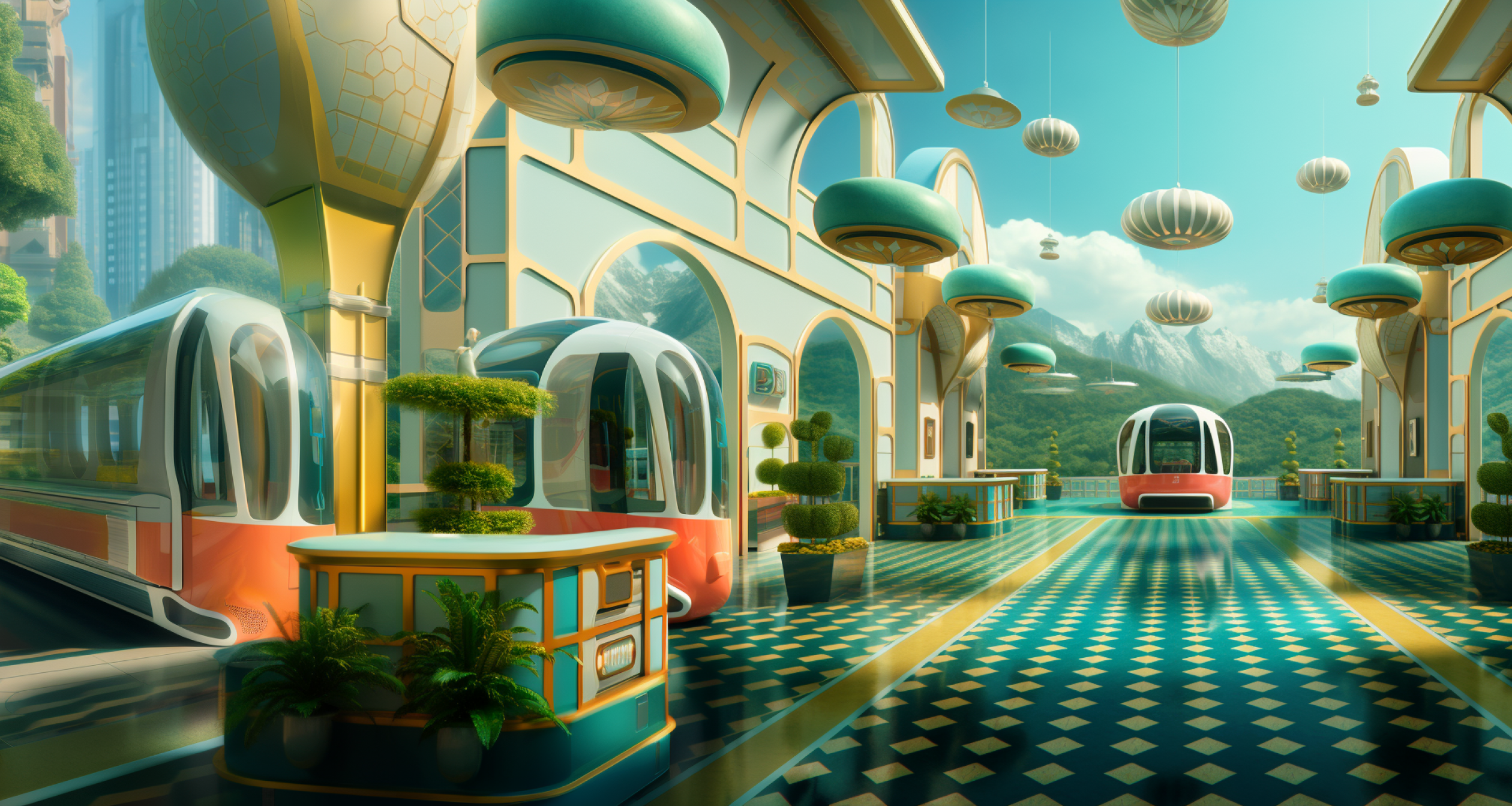 Stazione di treni futuristica con eleganti capsule, un'architettura vivace, luci sospese e una vista panoramica sulle montagne sullo sfondo.