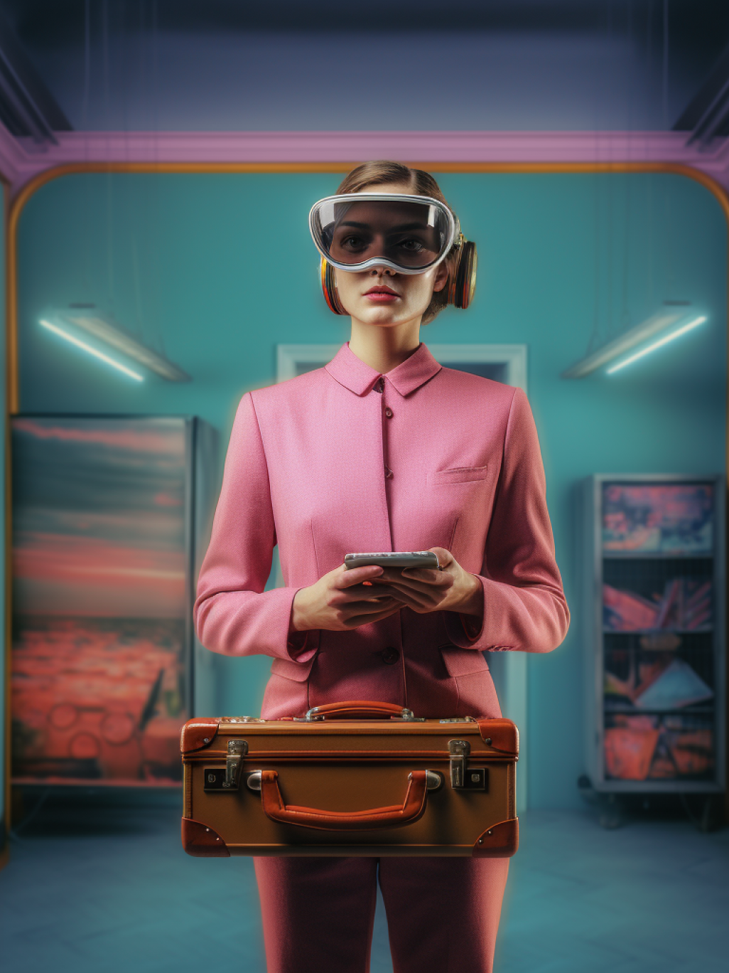 Futuristic scene of a woman in a pink suit wearing augmented reality goggles, holding a phone and a vintage-style suitcase