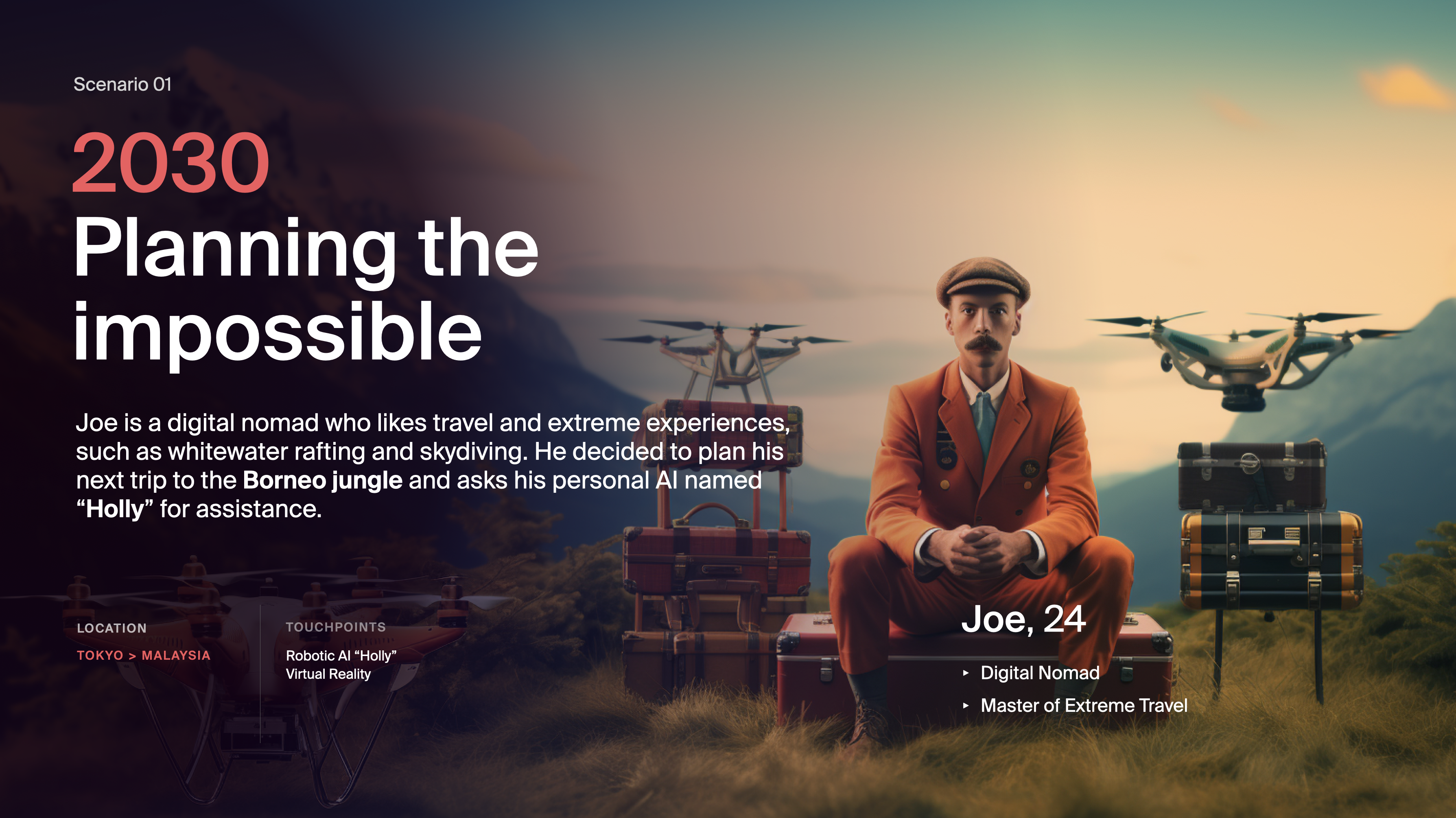 Futuristic travel scenario titled '2030 Planning the Impossible,' featuring Joe, a digital nomad, preparing for an extreme adventure in the Borneo jungle with the help of his AI assistant 'Holly' and drones