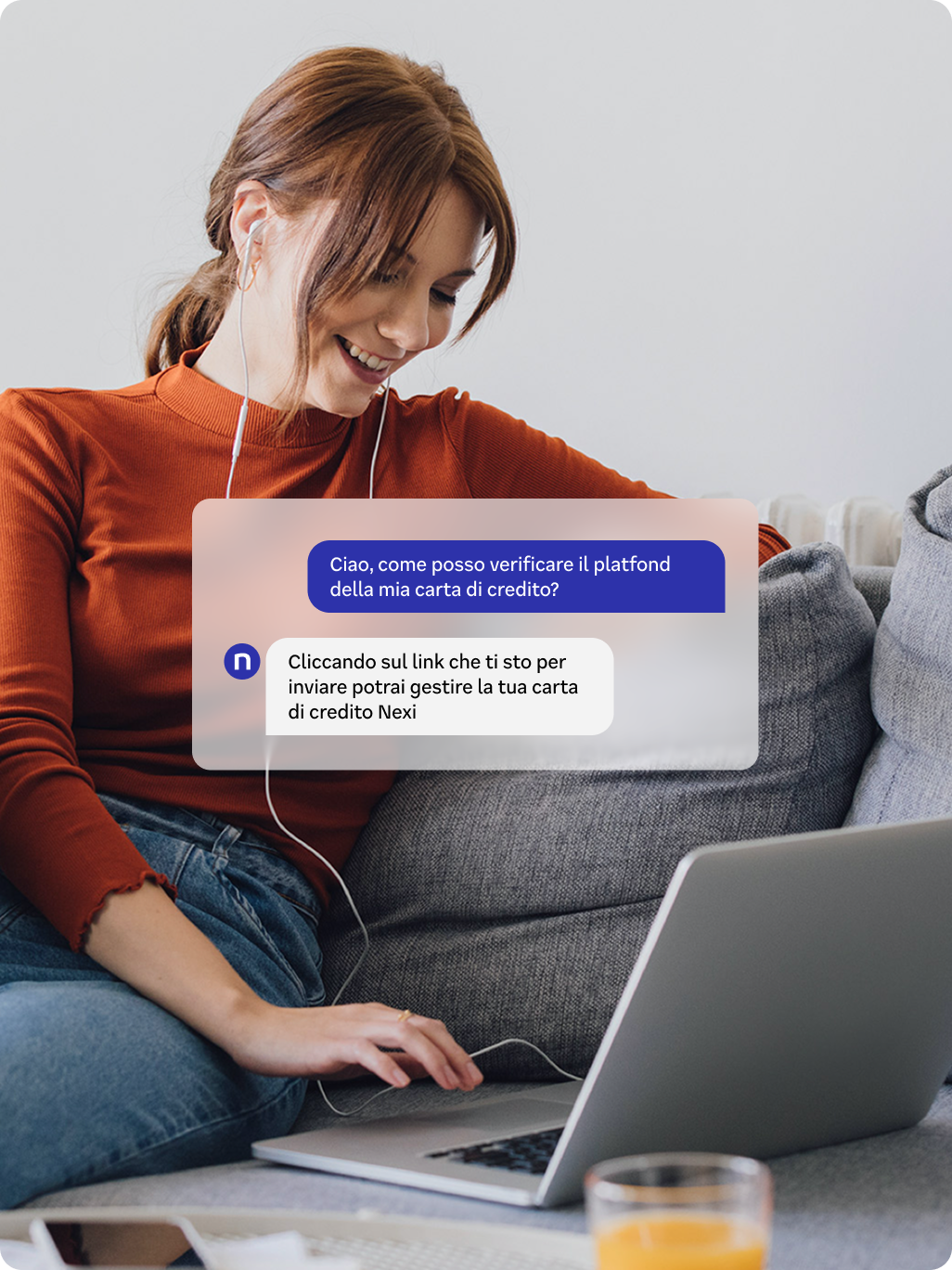 A woman working at a laptop with floating Nexi virtual assistant UI.