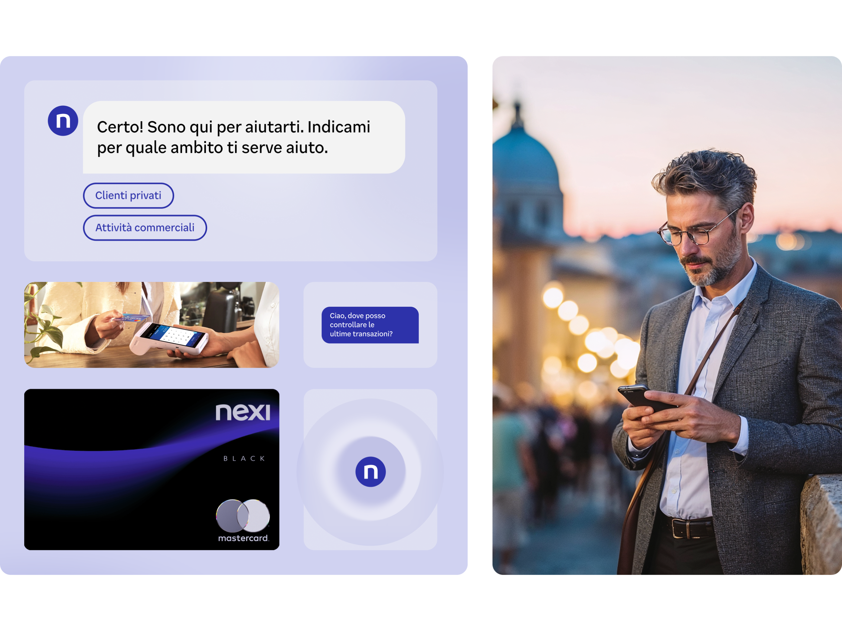Miscellaneous Nexi virtual assistant UI elements; a man looking at his smartphone.