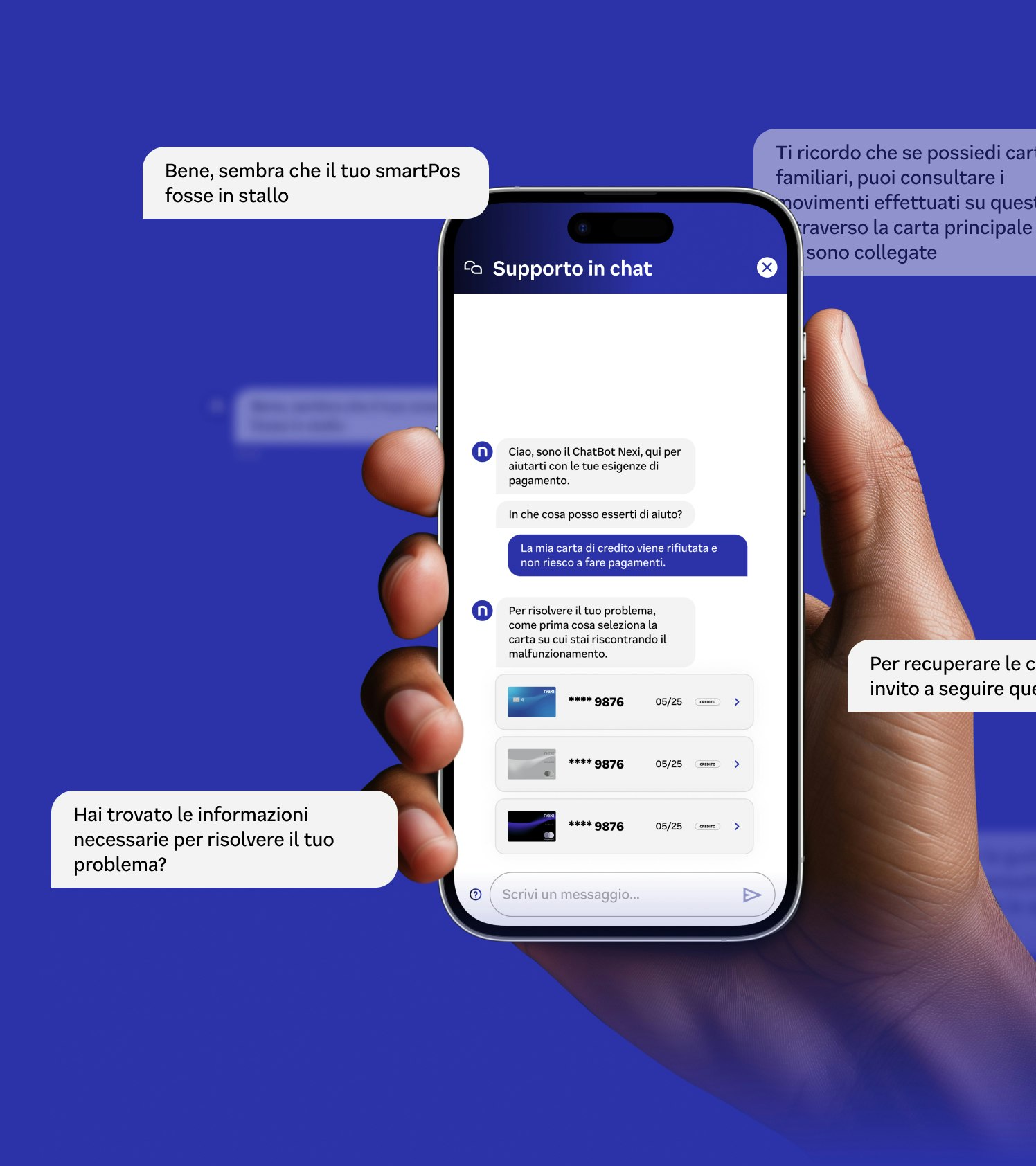 Nexi virtual assistant demonstration on a smartphone with floating UI elements.
