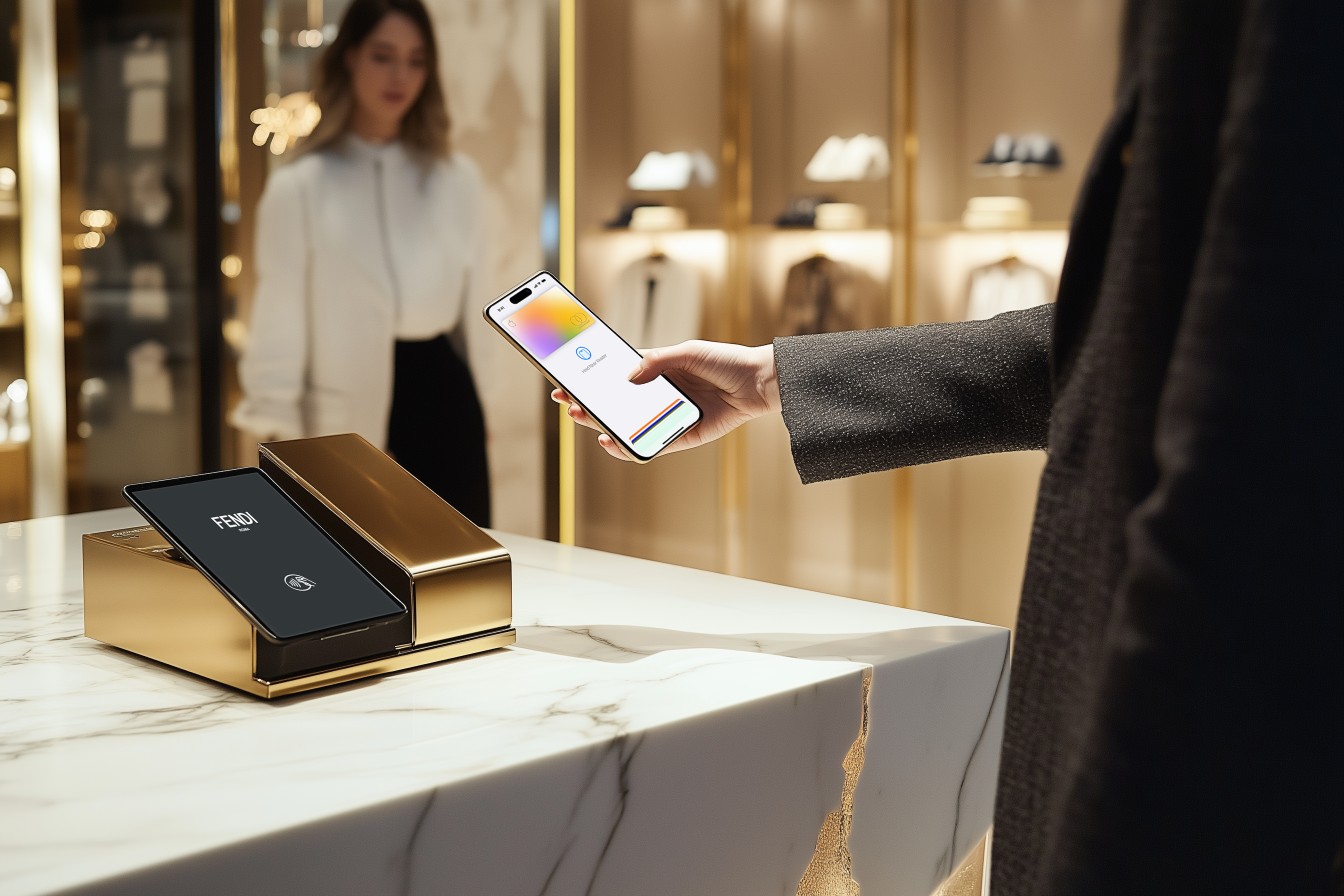 A person making an electronic payment via smartphone.