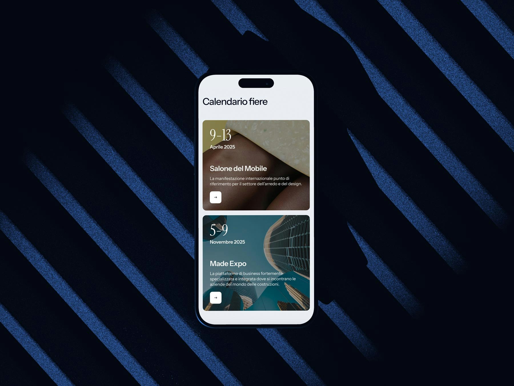 Smartphone mockup displaying 'Trade Fair Calendar' screen with Salone del Mobile and Made Expo 2025 events, on a dark background with blue waves. The image conveys digitalization, innovation, and trade fair organization in the wood-furniture sector.