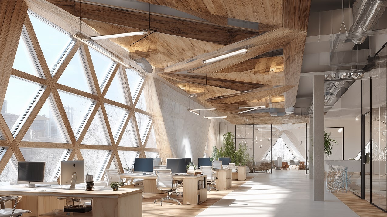 Ufficio moderno e luminoso con arredi in legno, pareti vetrate, postazioni di lavoro e design geometrico.