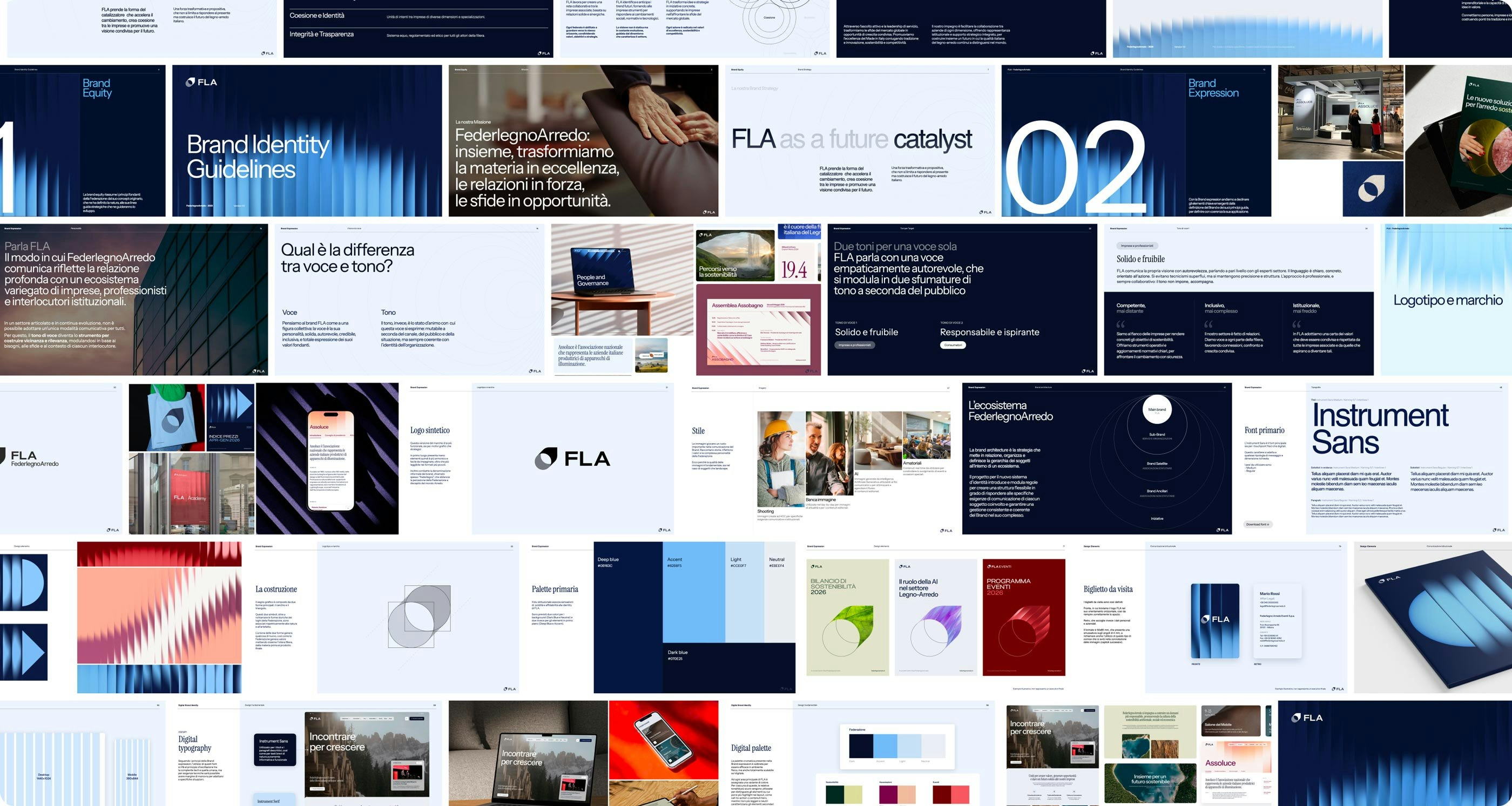 Mosaic of FederlegnoArredo brand guidelines and materials, including graphics, texts, and digital mockups.