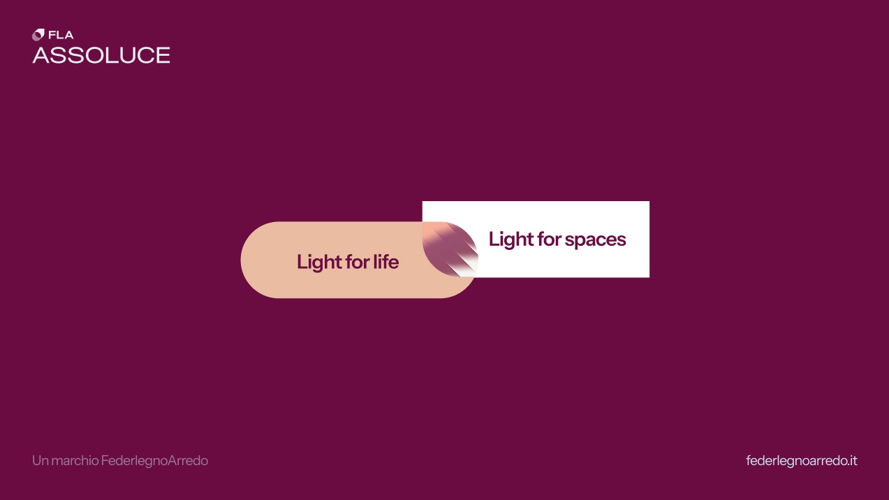FLA Assoluce graphic visual with 'Light for life, Light for spaces' slogan on purple background, FederlegnoArredo brand dedicated to lighting.