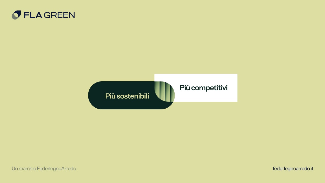FLA Green graphic visual with 'Più sostenibili, più competitivi' slogan on light green background, FederlegnoArredo brand dedicated to sustainability.