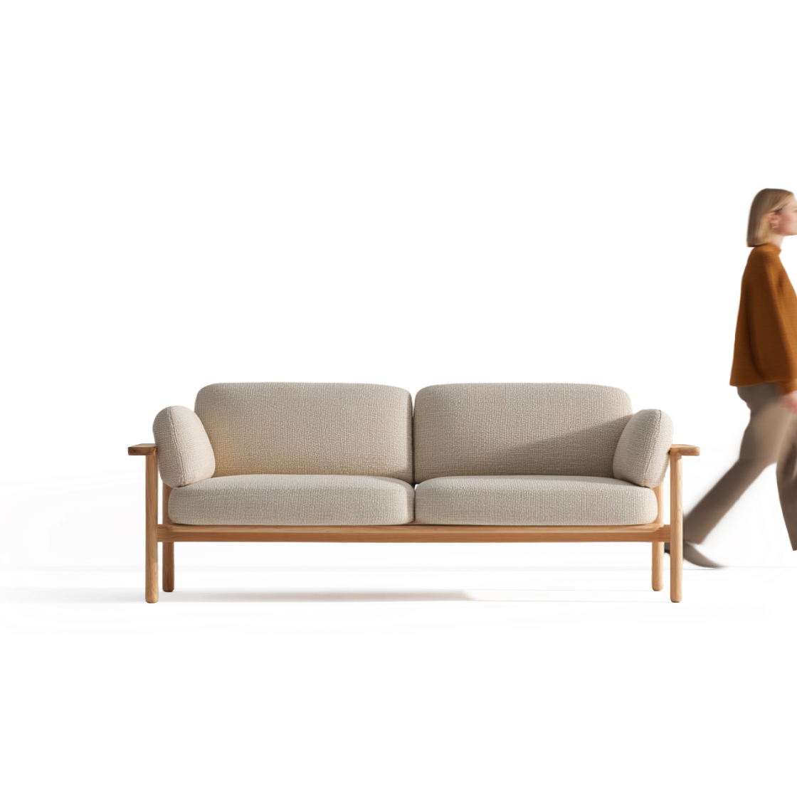 Minimalist beige fabric sofa with a light wood base, ideal for modern interiors and Nordic living room design