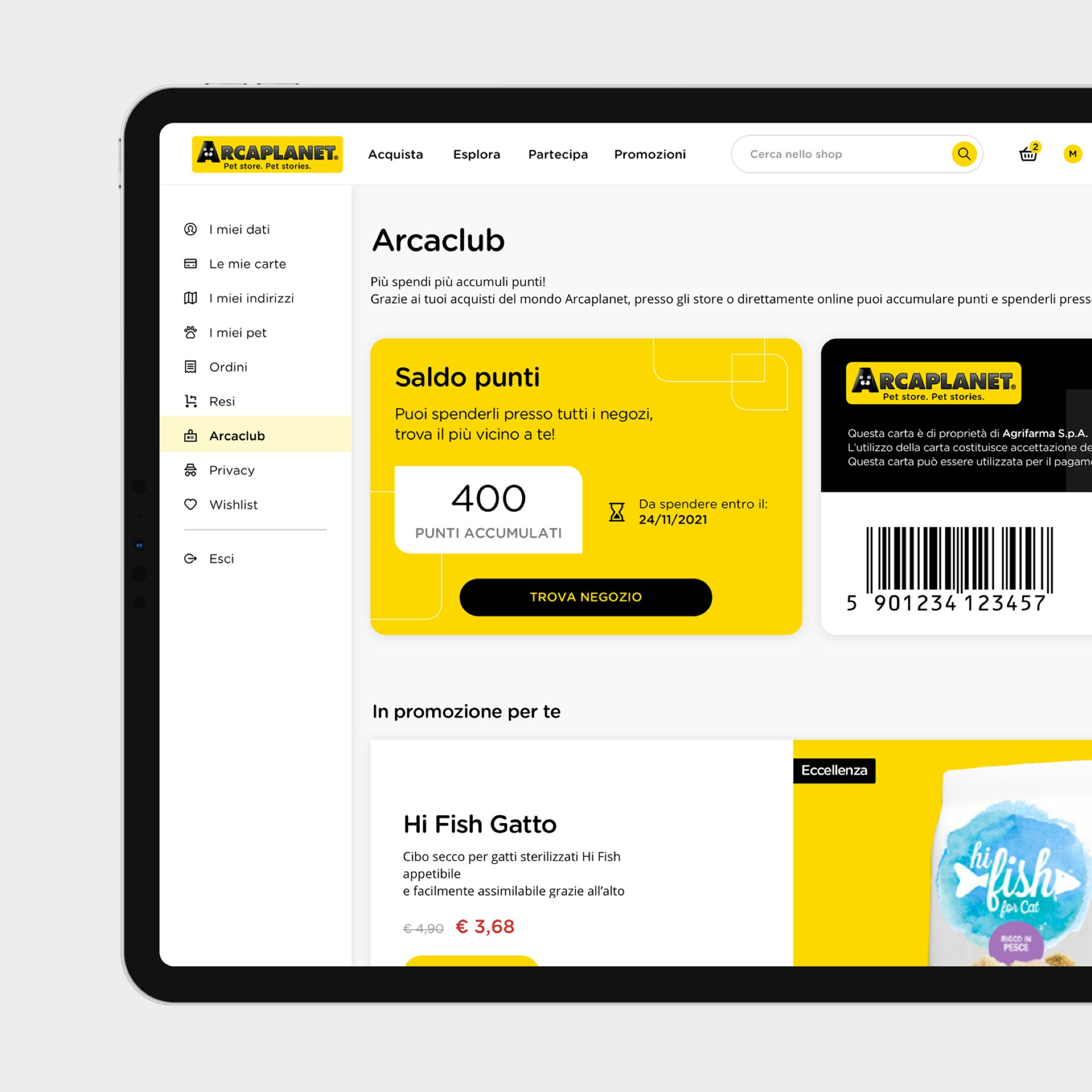 Interfaccia sezione Arcaclub nell'area personale dell'utente, con visualizzazione della carta fedeltà e saldo punti