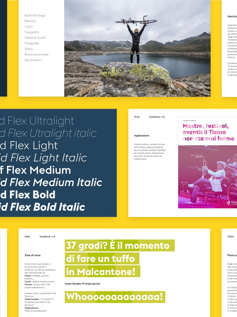 Sketchin Services, Brand experience and identity - Pages from the Ticino turismo brand experience strategy, showcasing typography, colors, logos, and imagery on a yellow background.