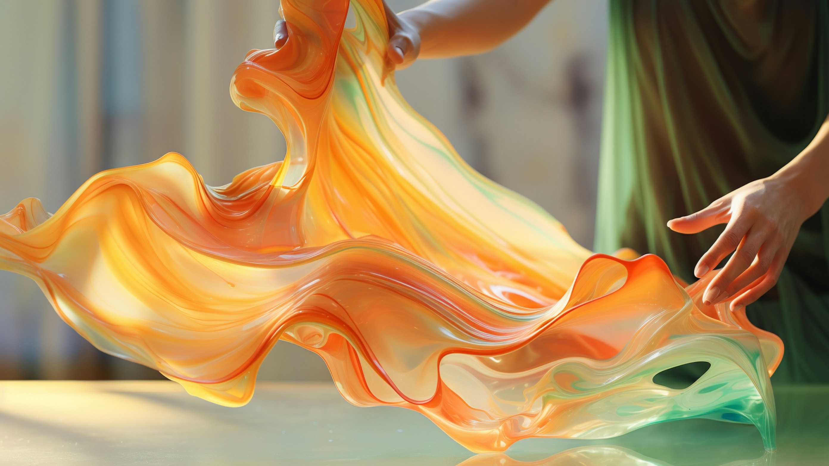 AI-generated 3D render of a person handling an abstract semitransparent shiny veil in shades of orange and green