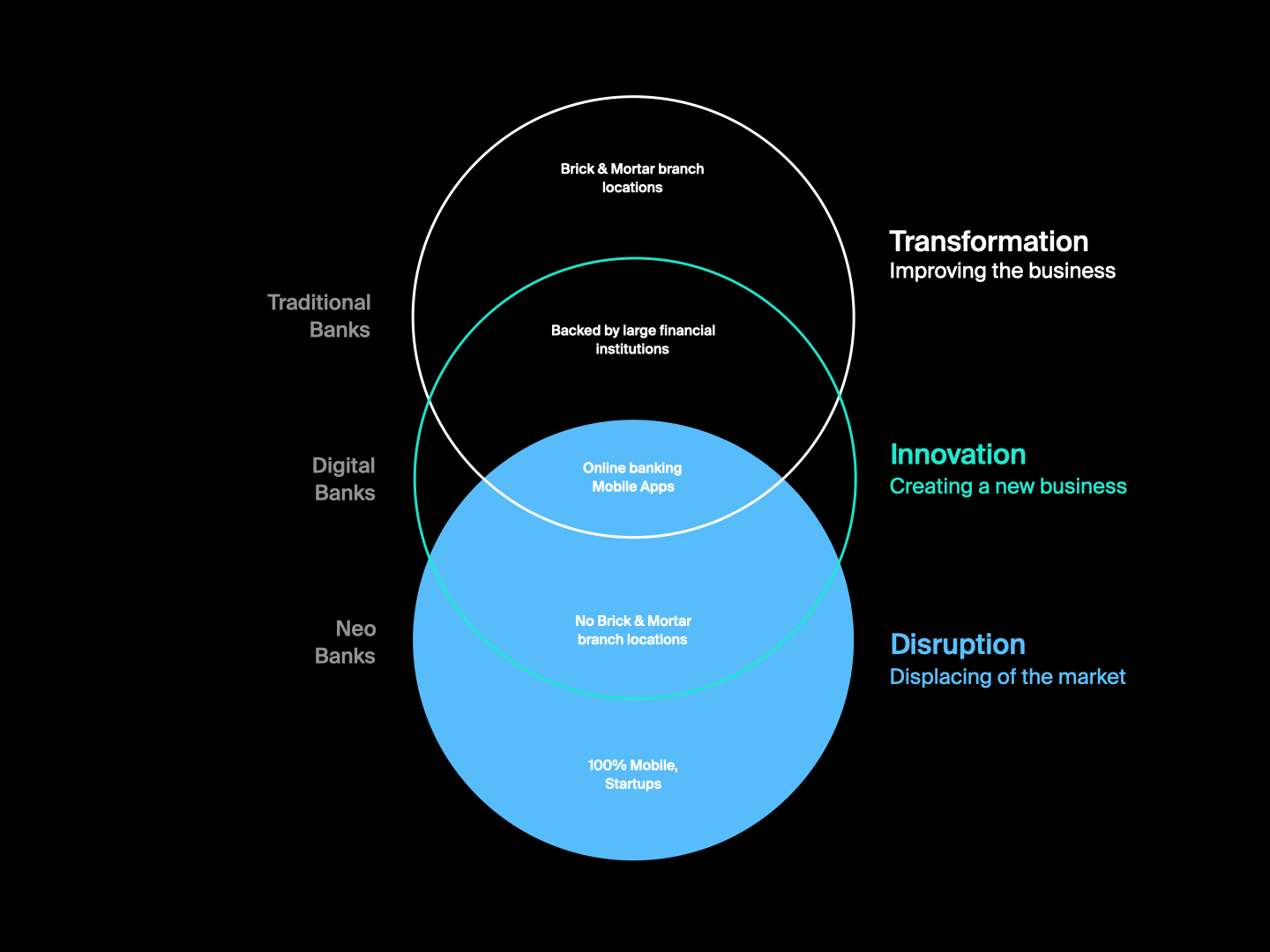 Graphic representation with focus on the experience and organisational evolution of traditional, digital and neobank banks