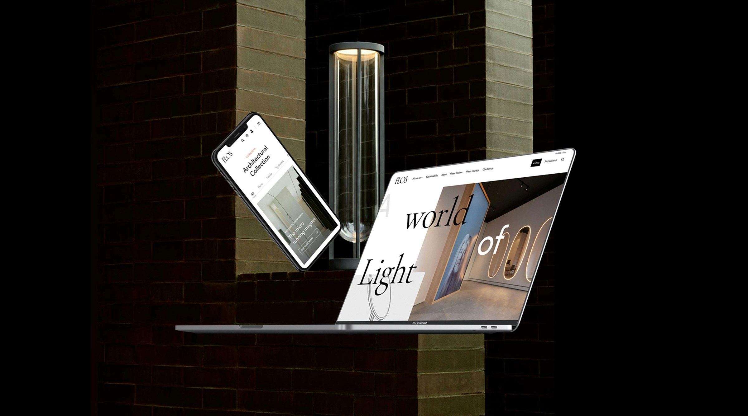 Sketchin Services, Digital product and service design - Laptop and phone displaying FLOS lighting collection website, with a modern wall light fixture in the background.