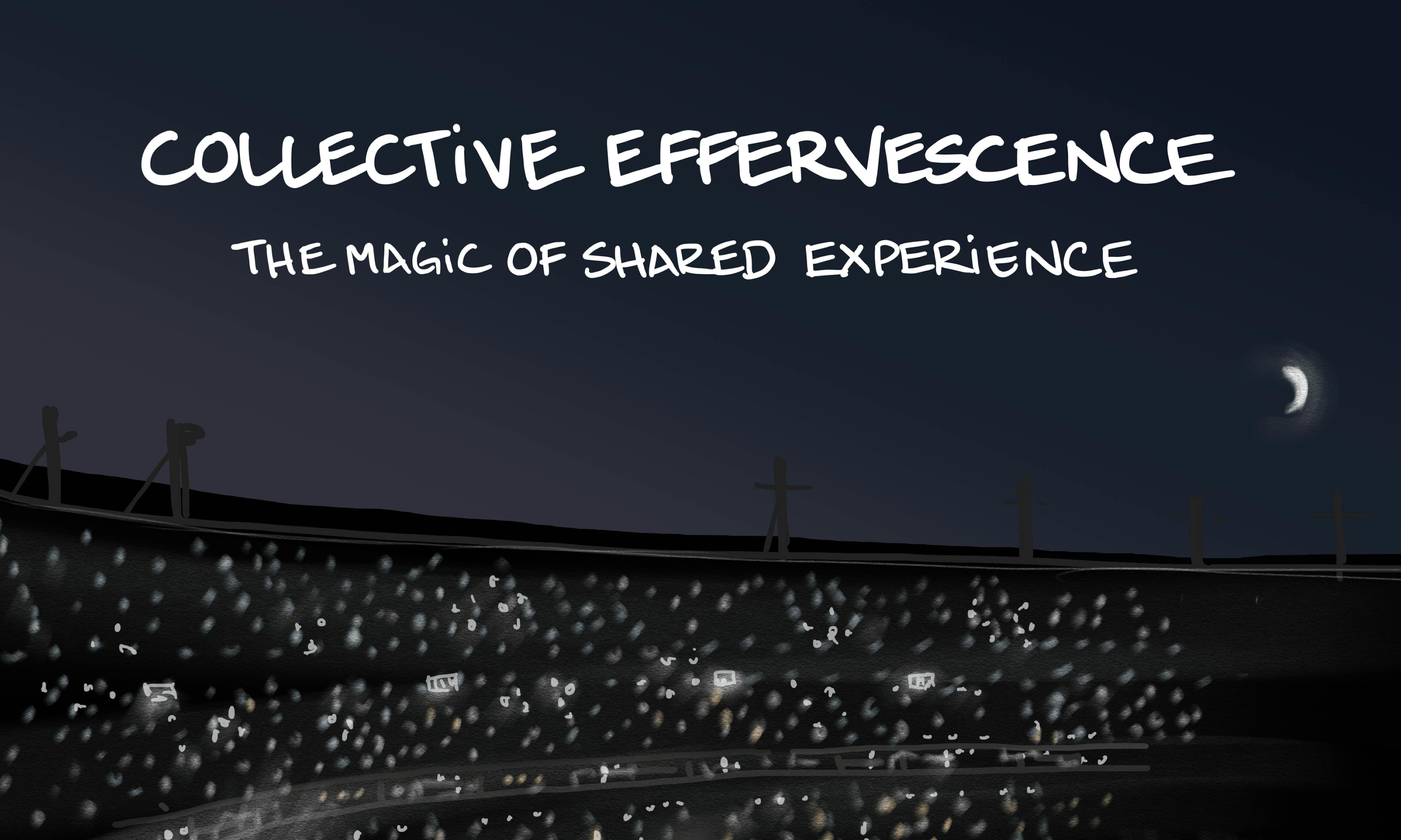 Collective effervescence illustration: two people hold their phones up as lights with 1000s of others in a stadium concert at night