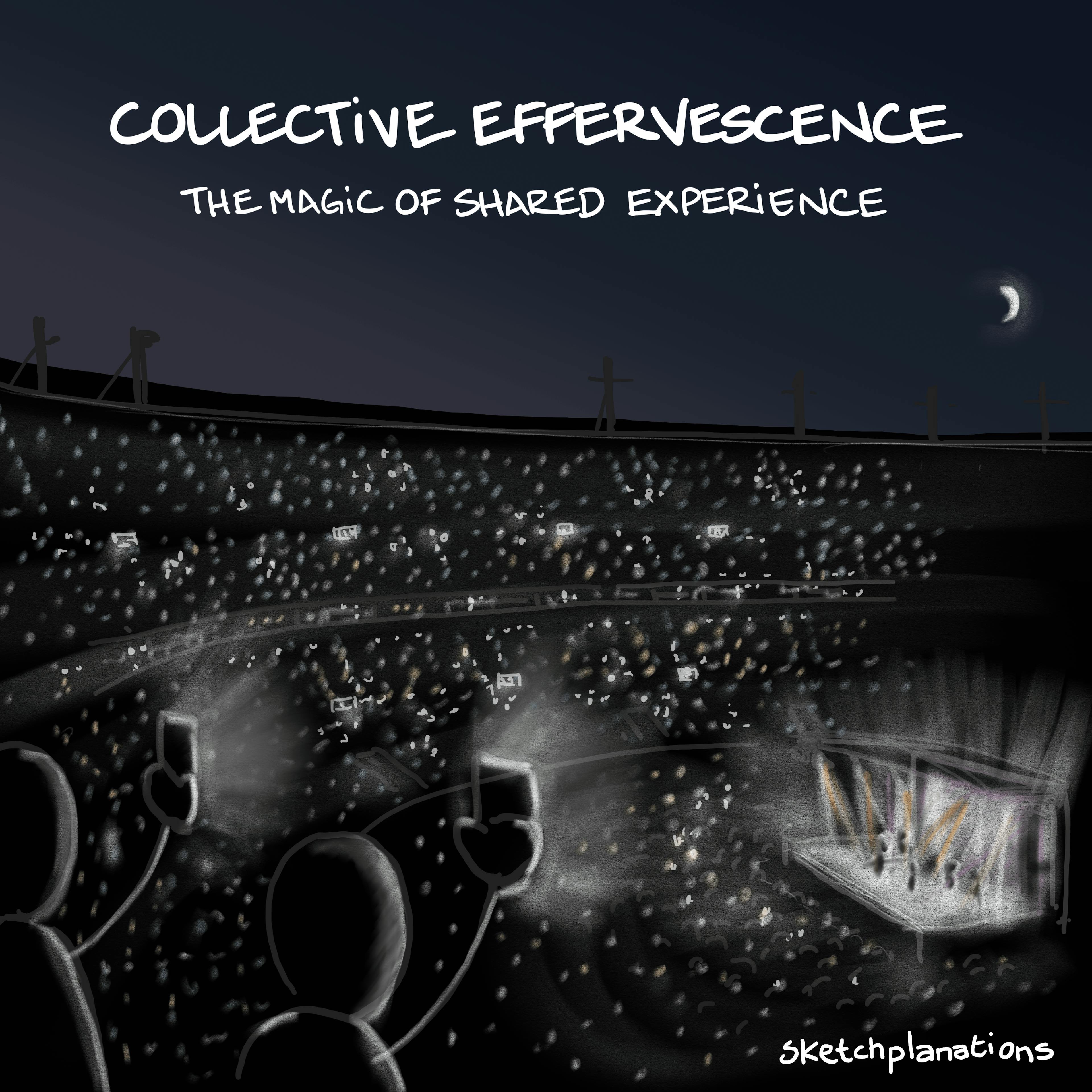 Collective effervescence illustration: two people hold their phones up as lights with 1000s of others in a stadium concert at night