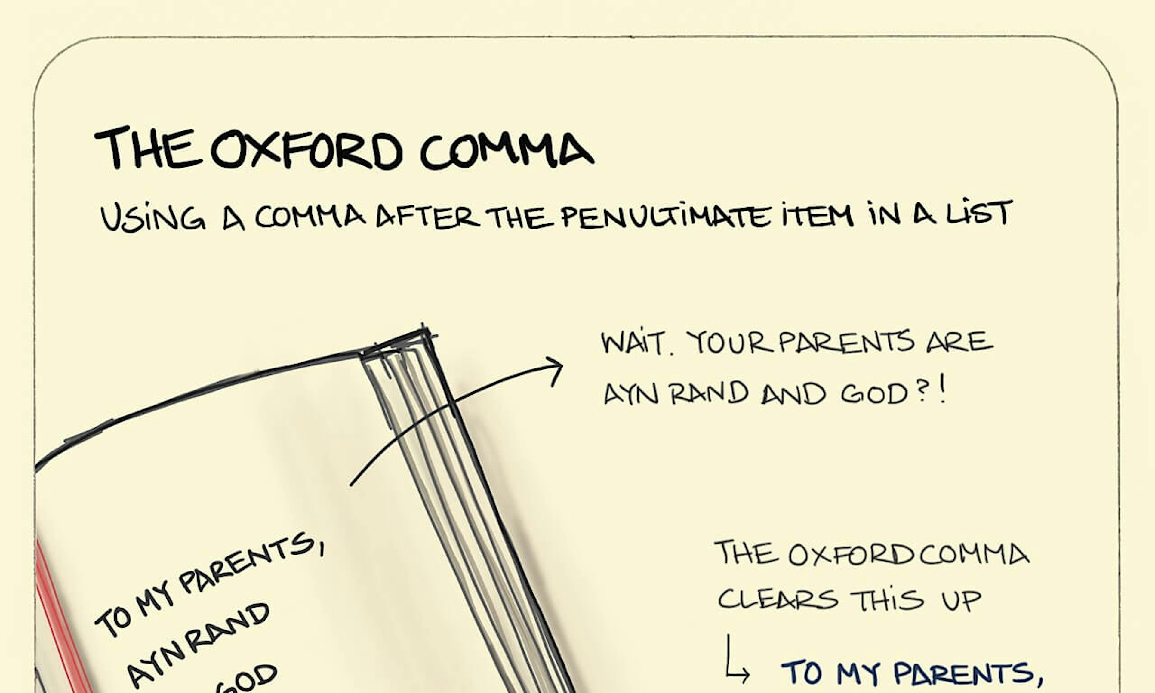 The Oxford Comma illustration: in the acknowledgements at the beginning of a book, the oxford comma, used after the penultimate item in a list, clears up any confusion as to whether God is a parent of the author.