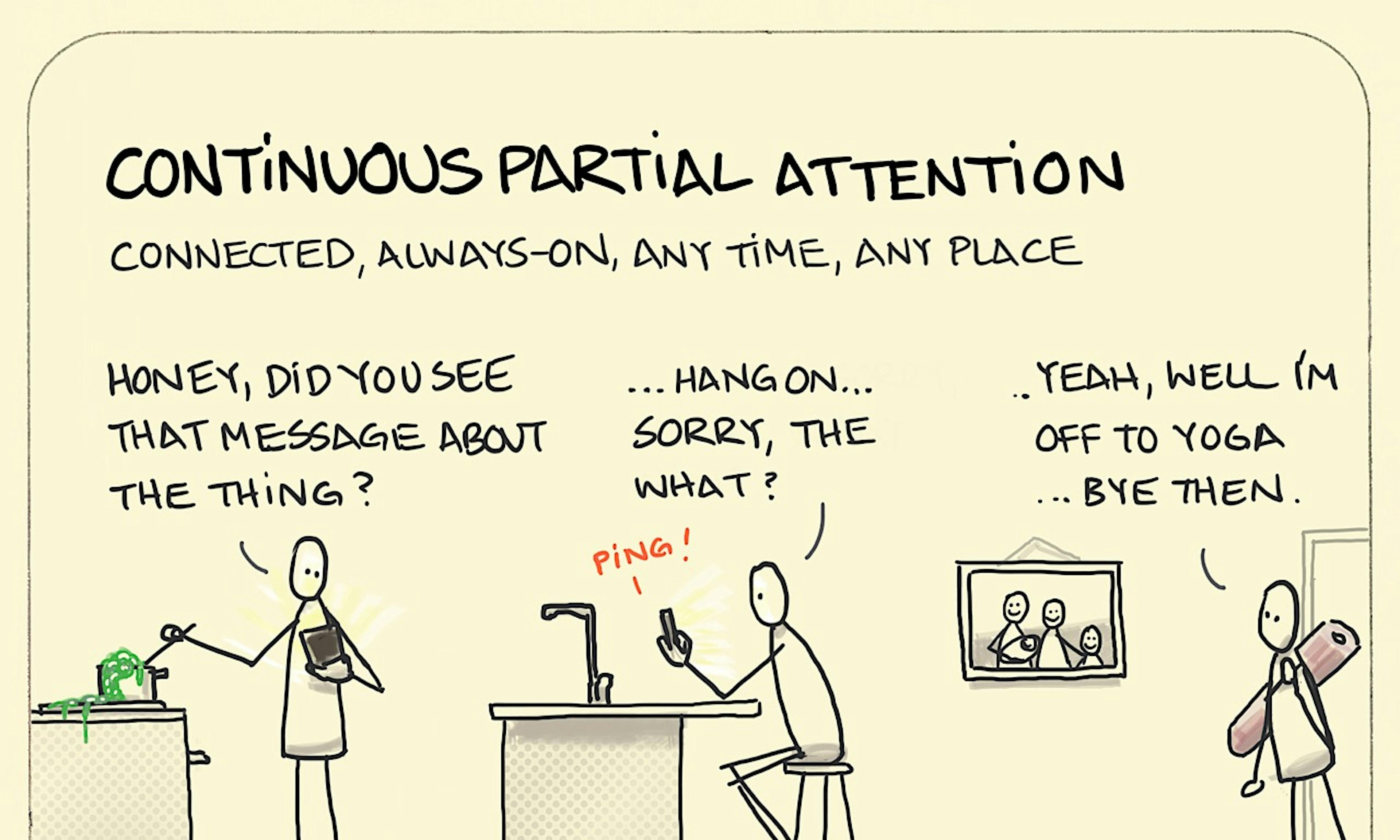 Continuous partial attention illustration: A family spill the dinner and miss what's said while a baby paints the floor and another child has to go to yoga for some focus to remain in the present