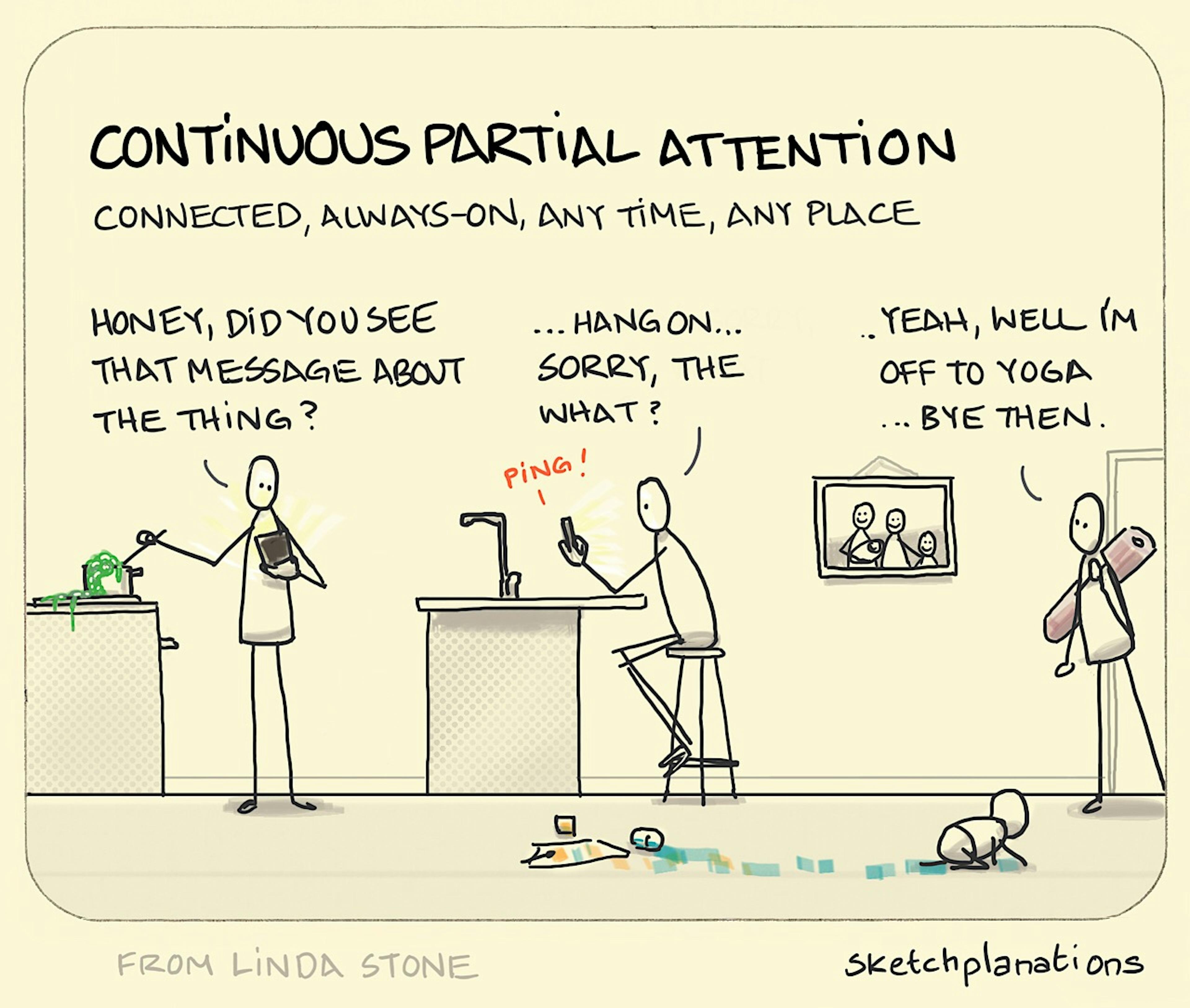 Continuous partial attention illustration: A family spill the dinner and miss what's said while a baby paints the floor and another child has to go to yoga for some focus to remain in the present